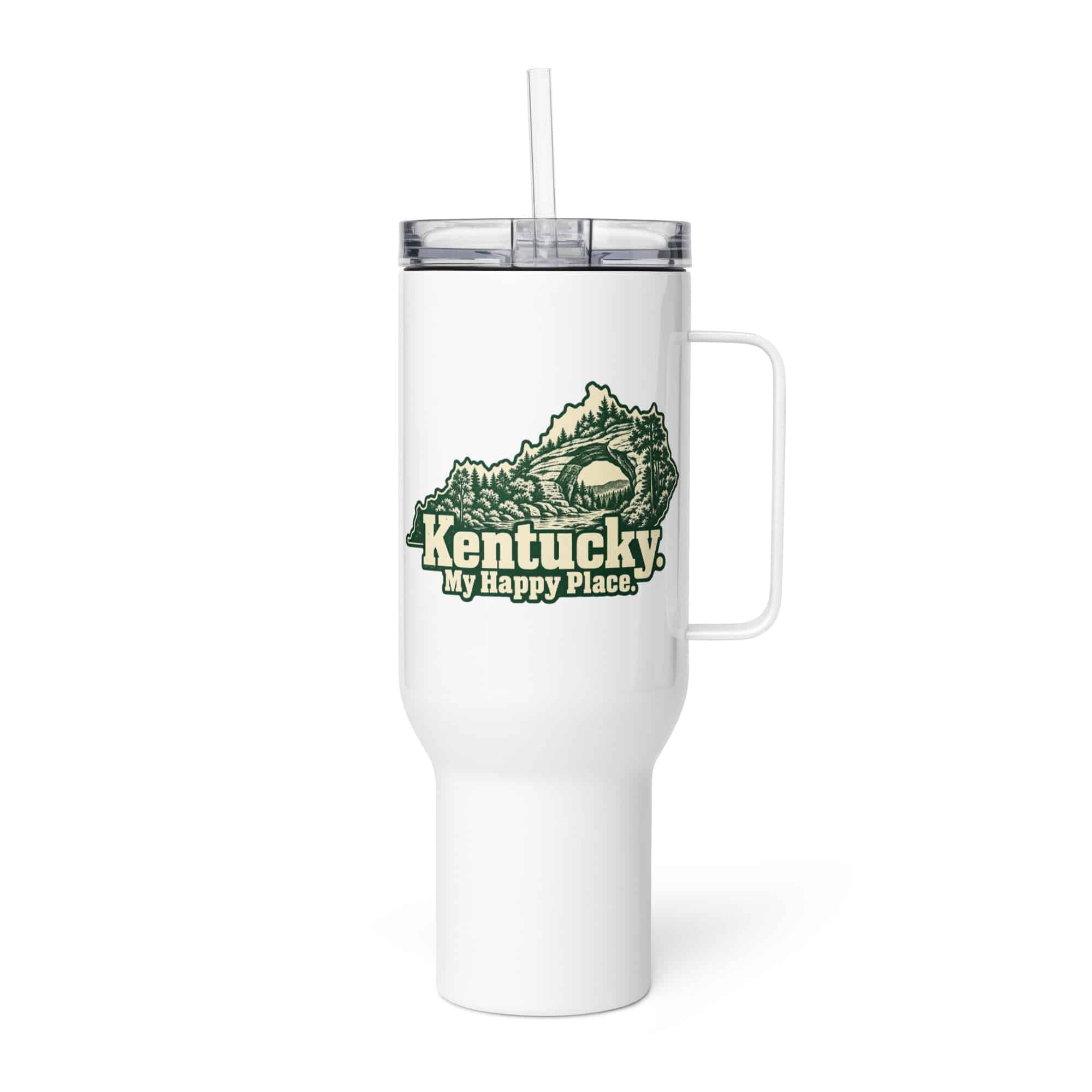Kentucky Travel Mug: Sandstone arch and forest, Woodcut Kentucky Silhouette