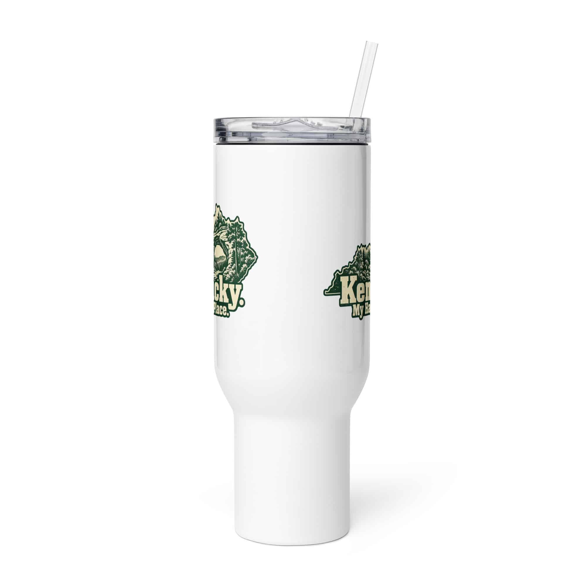 Kentucky Travel Mug: Sandstone arch and forest, Woodcut Kentucky Silhouette