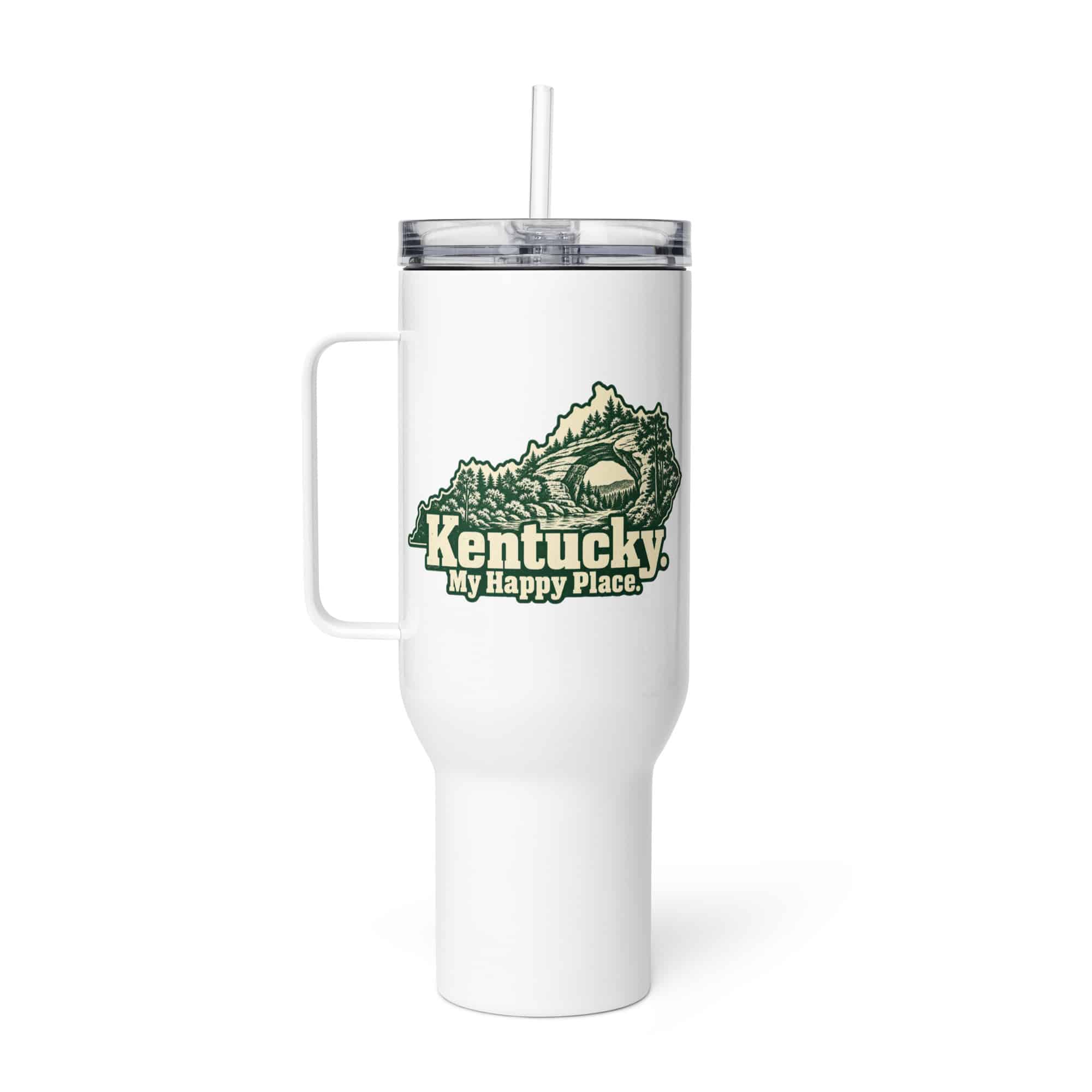 Kentucky Travel Mug: Sandstone arch and forest, Woodcut Kentucky Silhouette