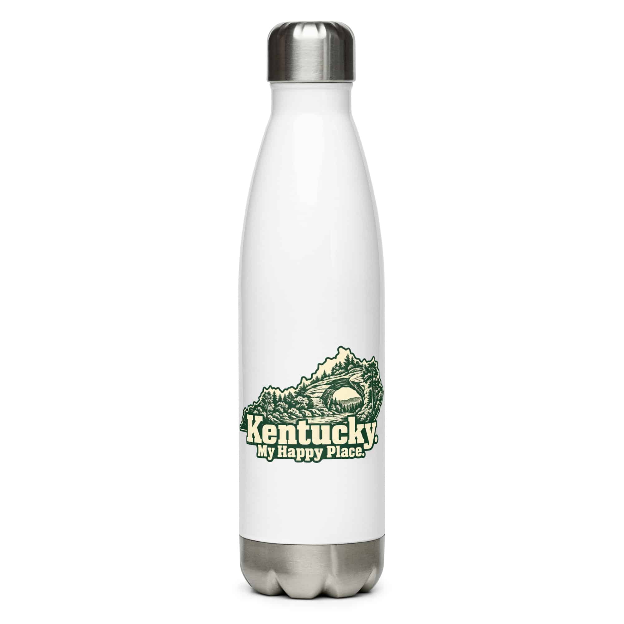 Kentucky Stainless Steel Water Bottle: Sandstone arch and forest, Woodcut Kentucky Silhouette