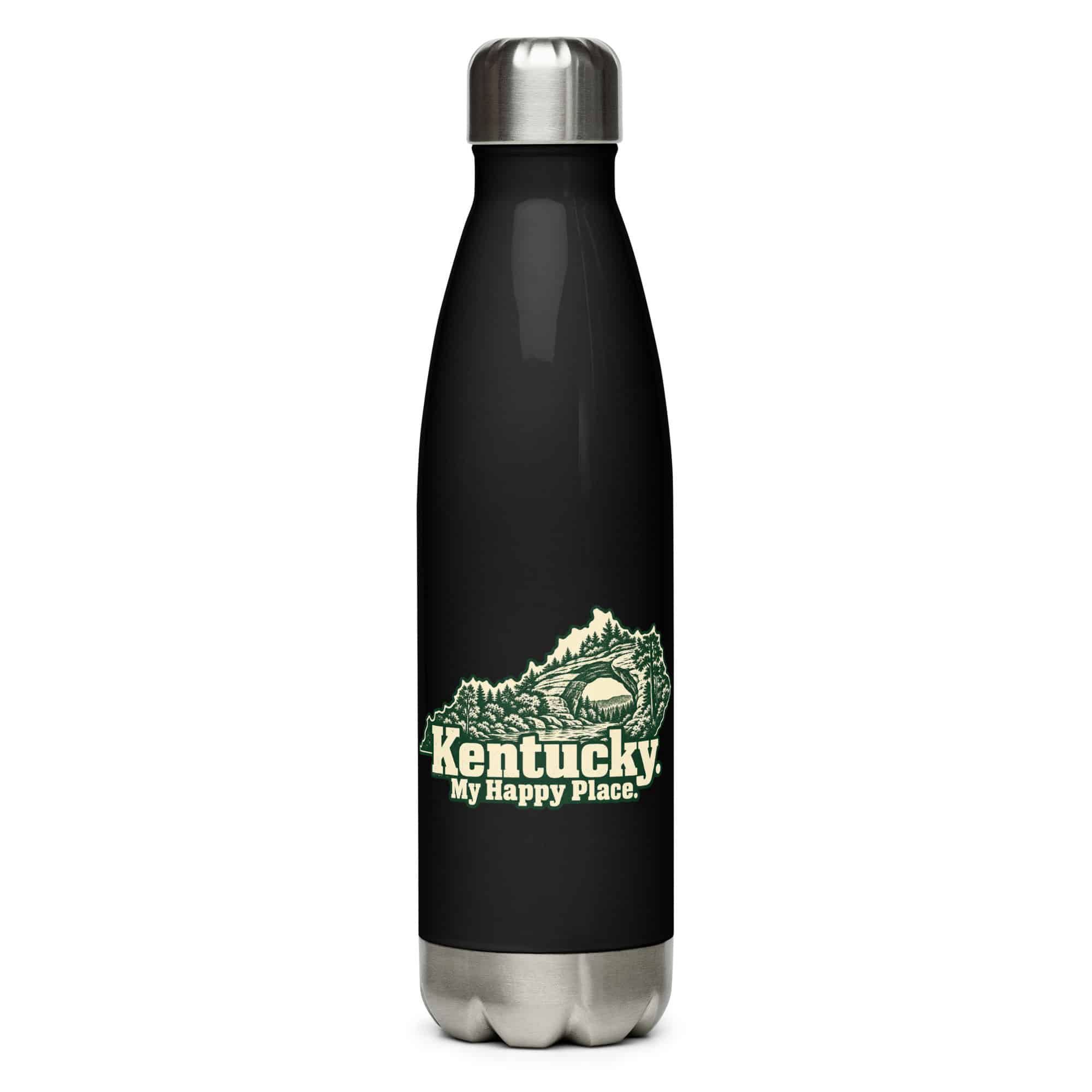 Kentucky Stainless Steel Water Bottle: Sandstone arch and forest, Woodcut Kentucky Silhouette