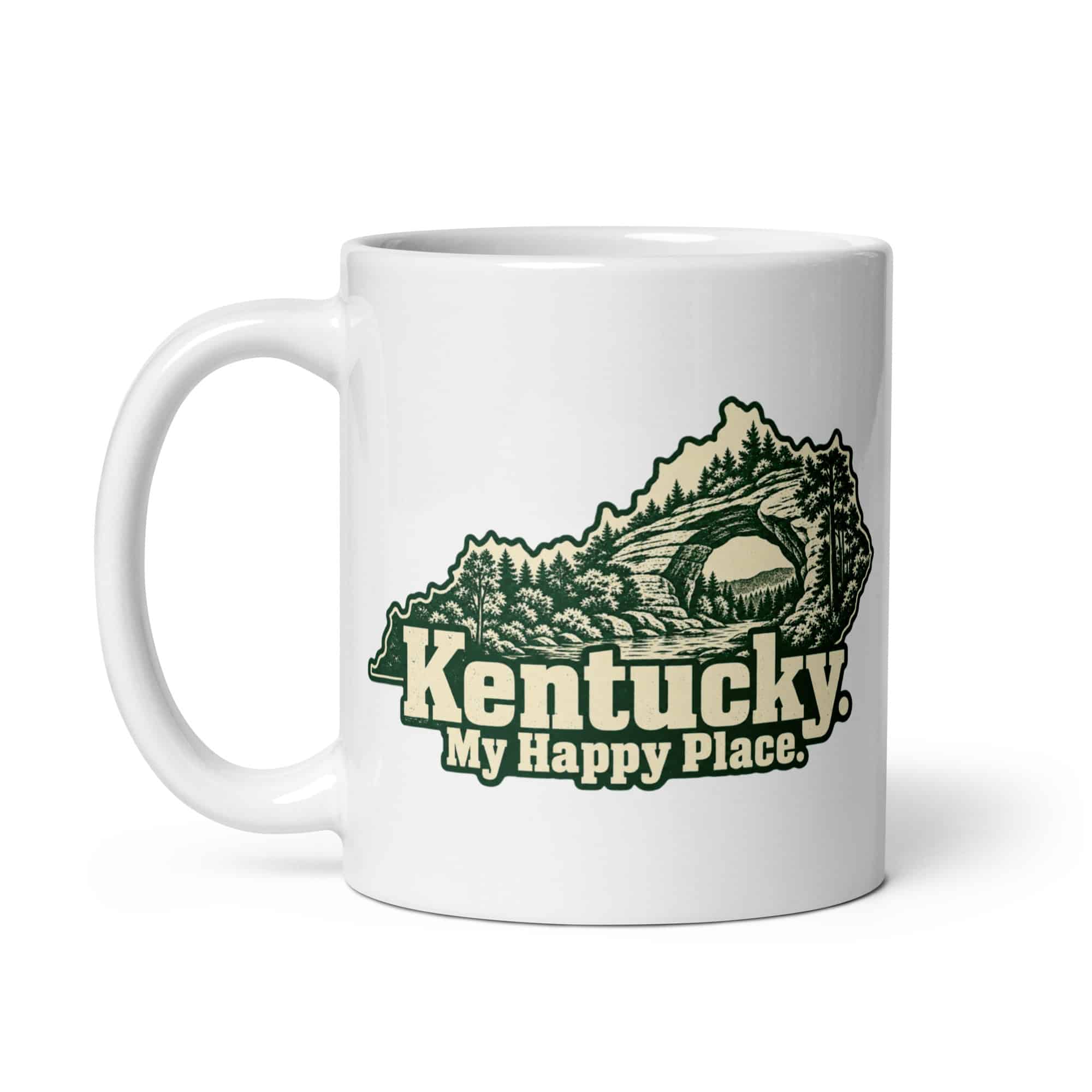 Kentucky White Ceramic Coffee Mug: Sandstone arch and forest, Woodcut Kentucky Silhouette