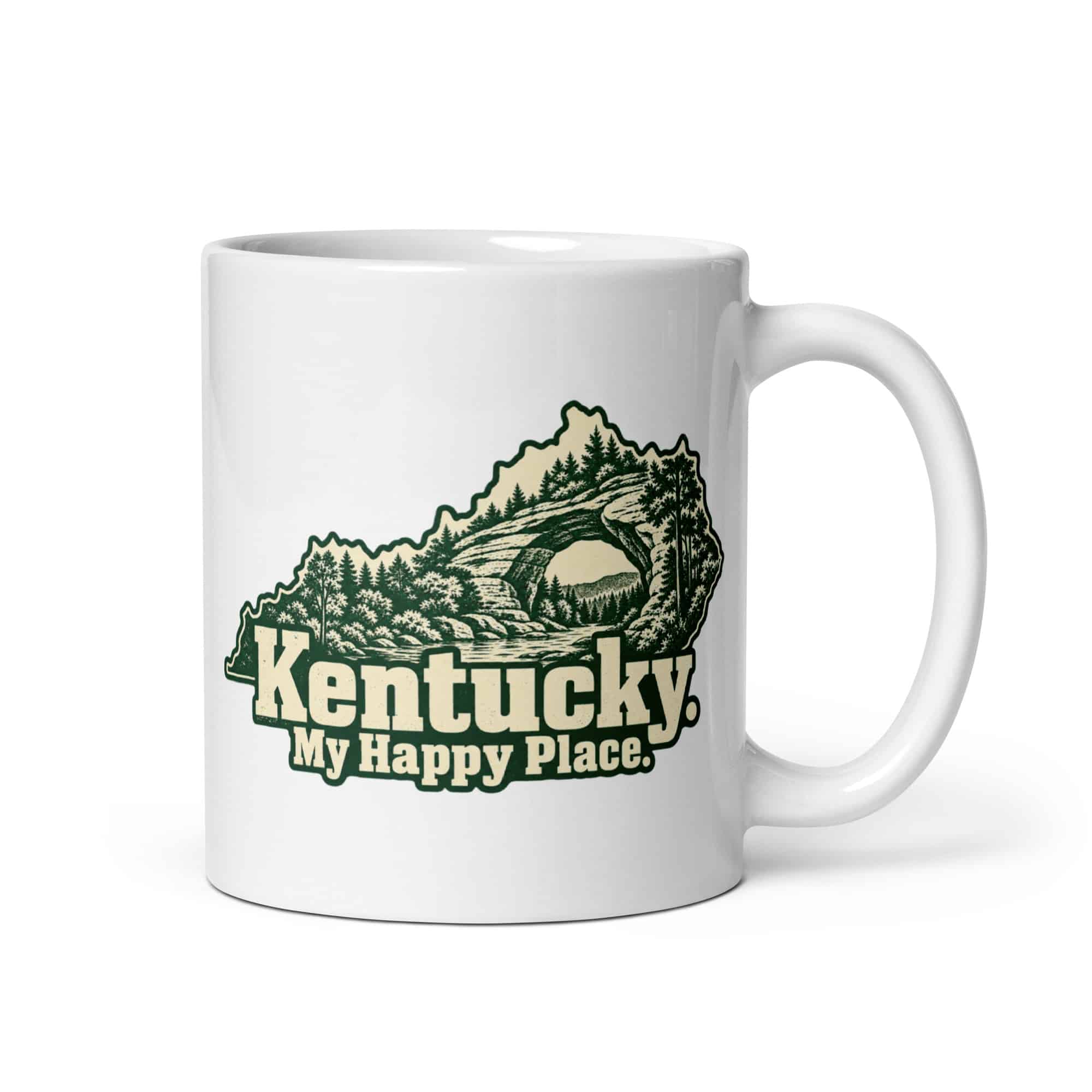 Kentucky White Ceramic Coffee Mug: Sandstone arch and forest, Woodcut Kentucky Silhouette