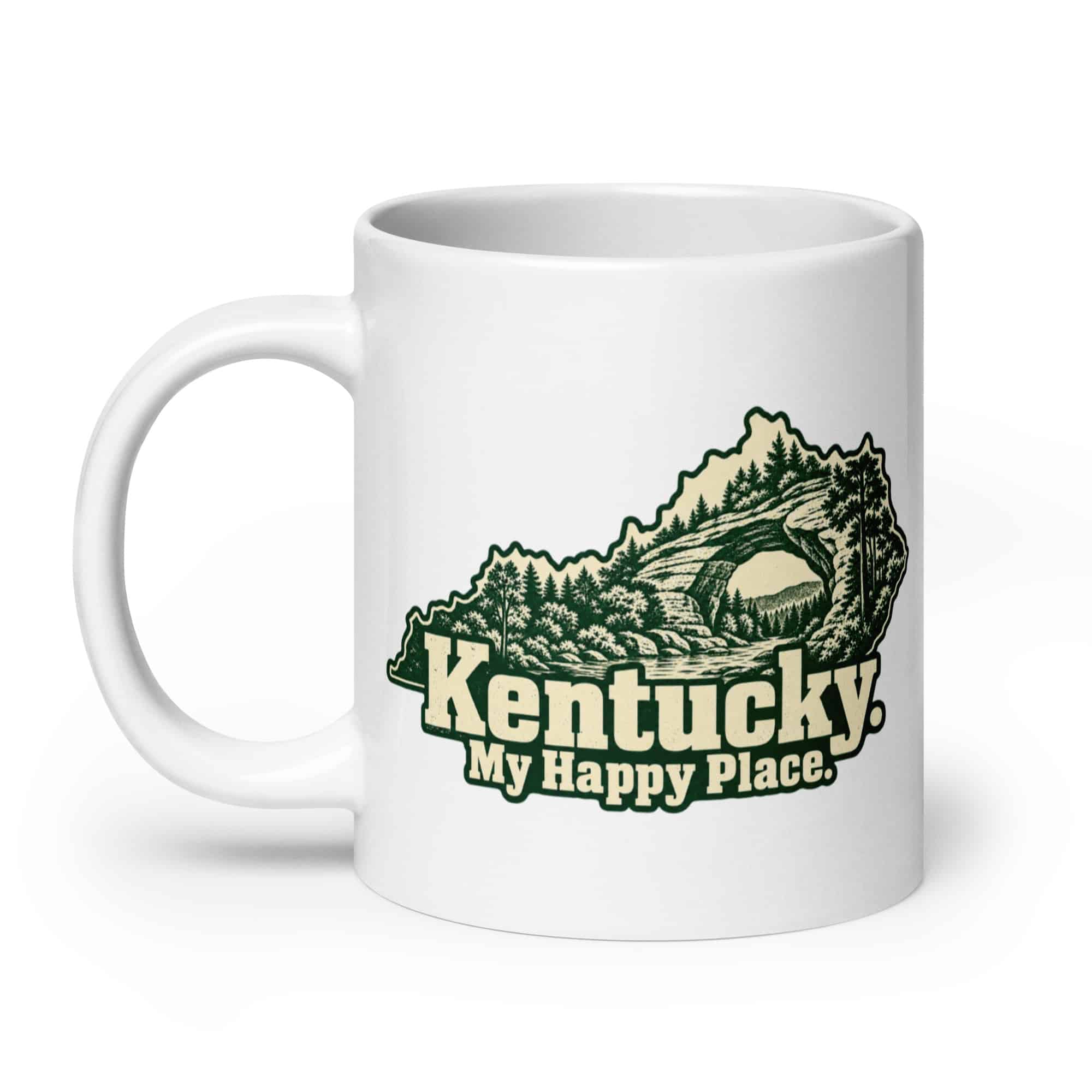 Kentucky White Ceramic Coffee Mug: Sandstone arch and forest, Woodcut Kentucky Silhouette