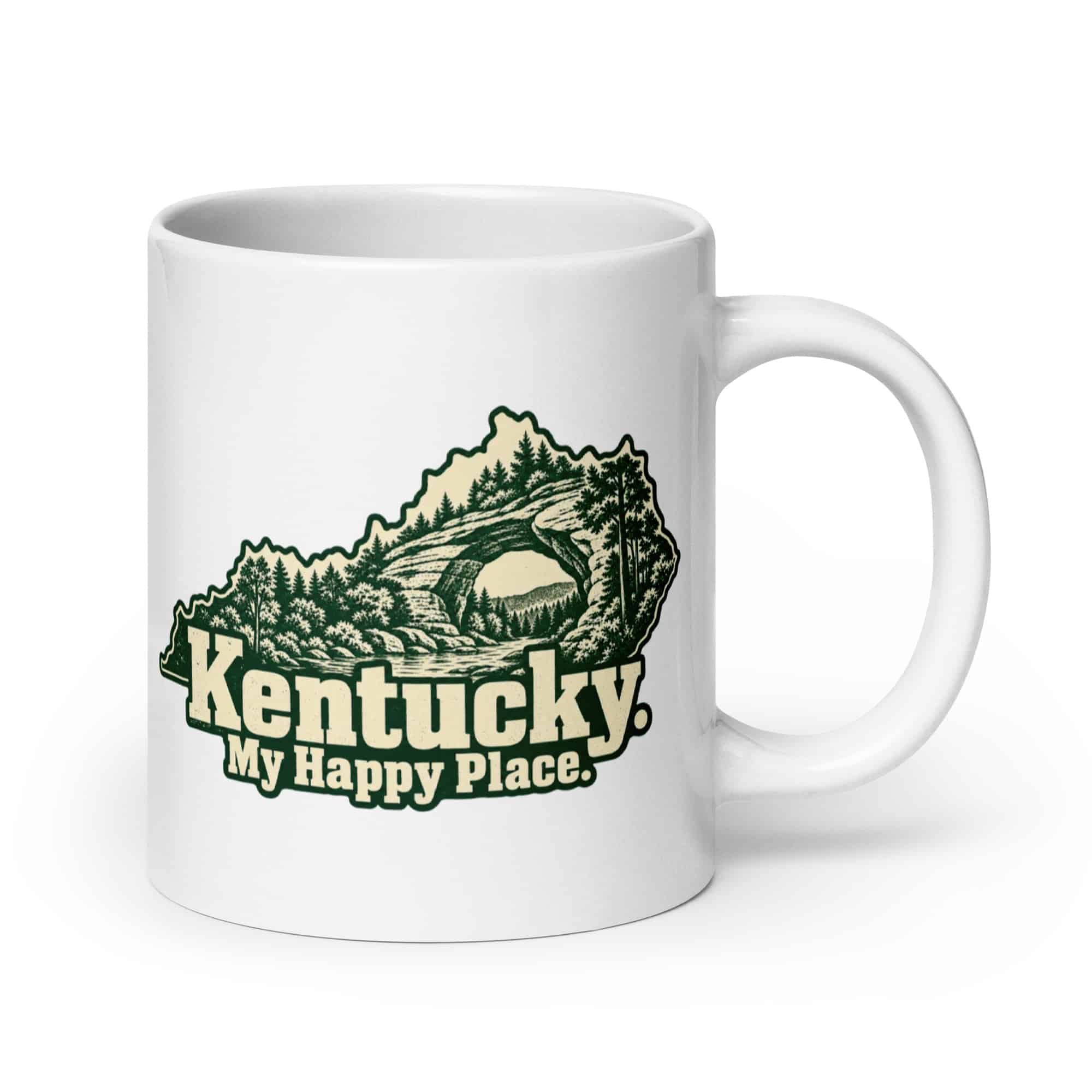 Kentucky White Ceramic Coffee Mug: Sandstone arch and forest, Woodcut Kentucky Silhouette