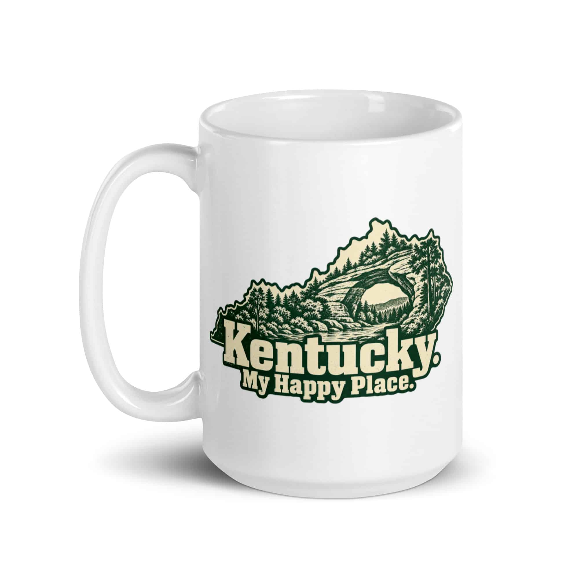 Kentucky White Ceramic Coffee Mug: Sandstone arch and forest, Woodcut Kentucky Silhouette