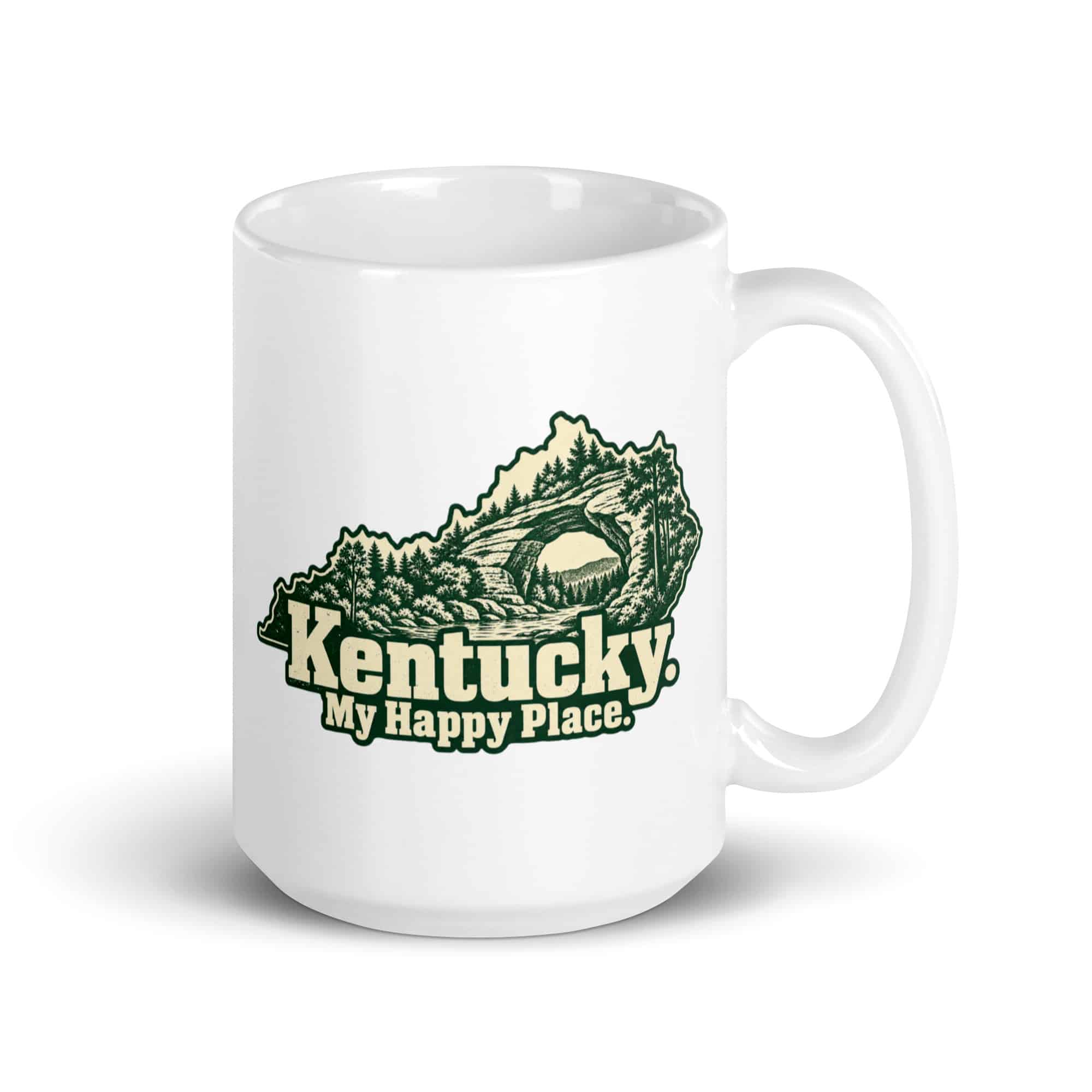 Kentucky White Ceramic Coffee Mug: Sandstone arch and forest, Woodcut Kentucky Silhouette