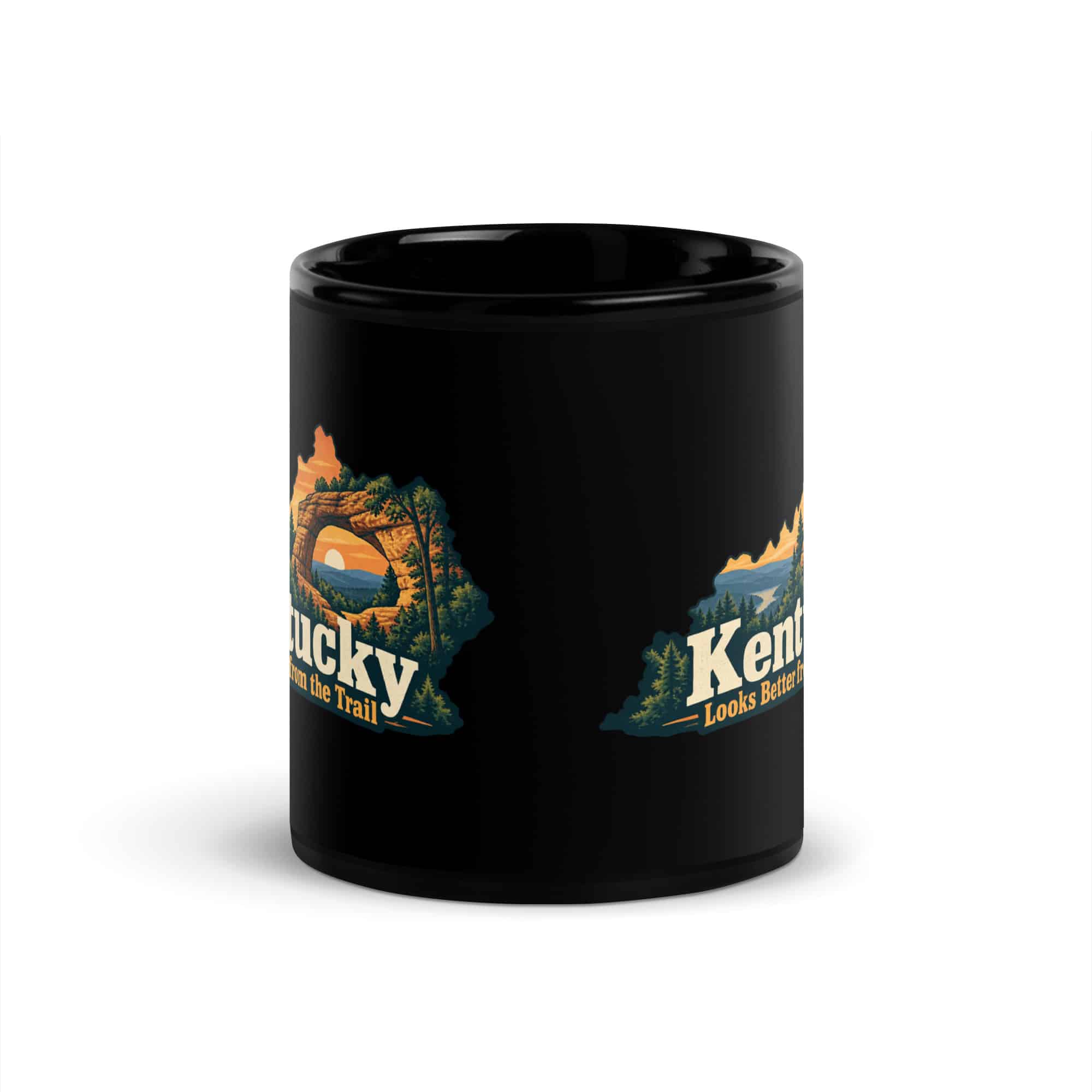 Kentucky Black Coffee Mug: Sandstone arch and forest, Colorful Kentucky Silhouette