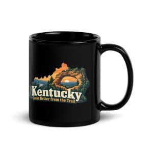 Kentucky Black Coffee Mug: Sandstone arch and forest, Colorful Kentucky Silhouette - 11 oz - Handle on Right