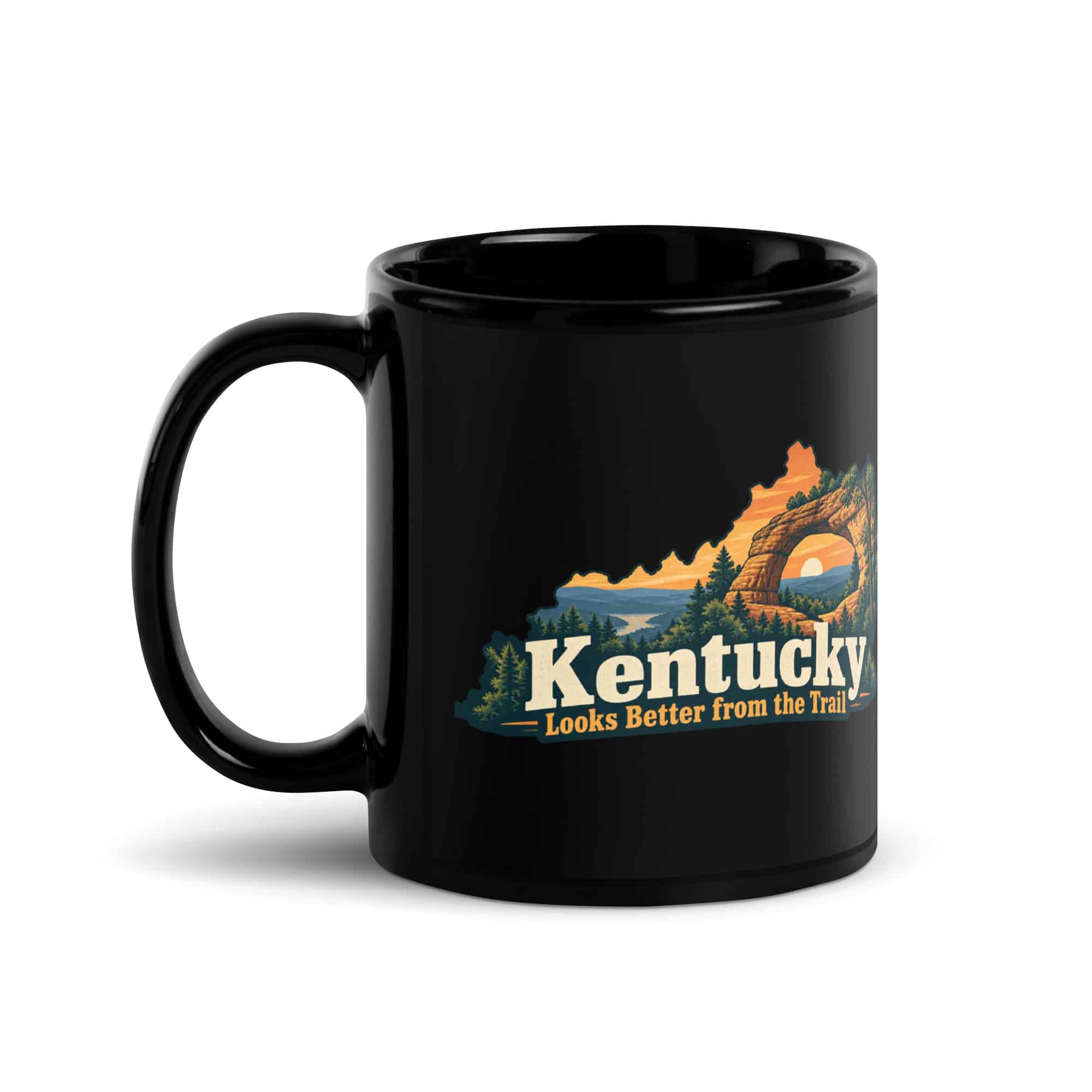 Kentucky Black Coffee Mug: Sandstone arch and forest, Colorful Kentucky Silhouette