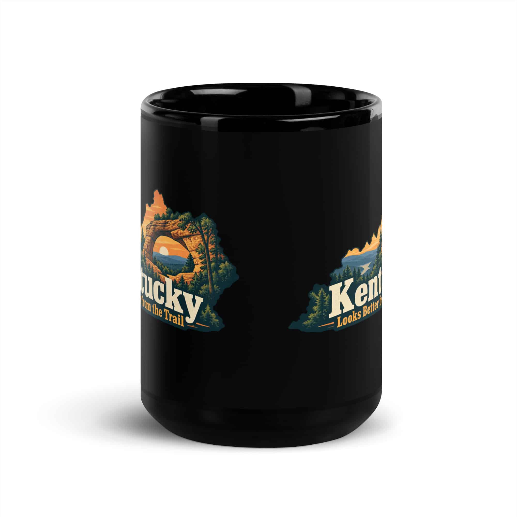 Kentucky Black Coffee Mug: Sandstone arch and forest, Colorful Kentucky Silhouette