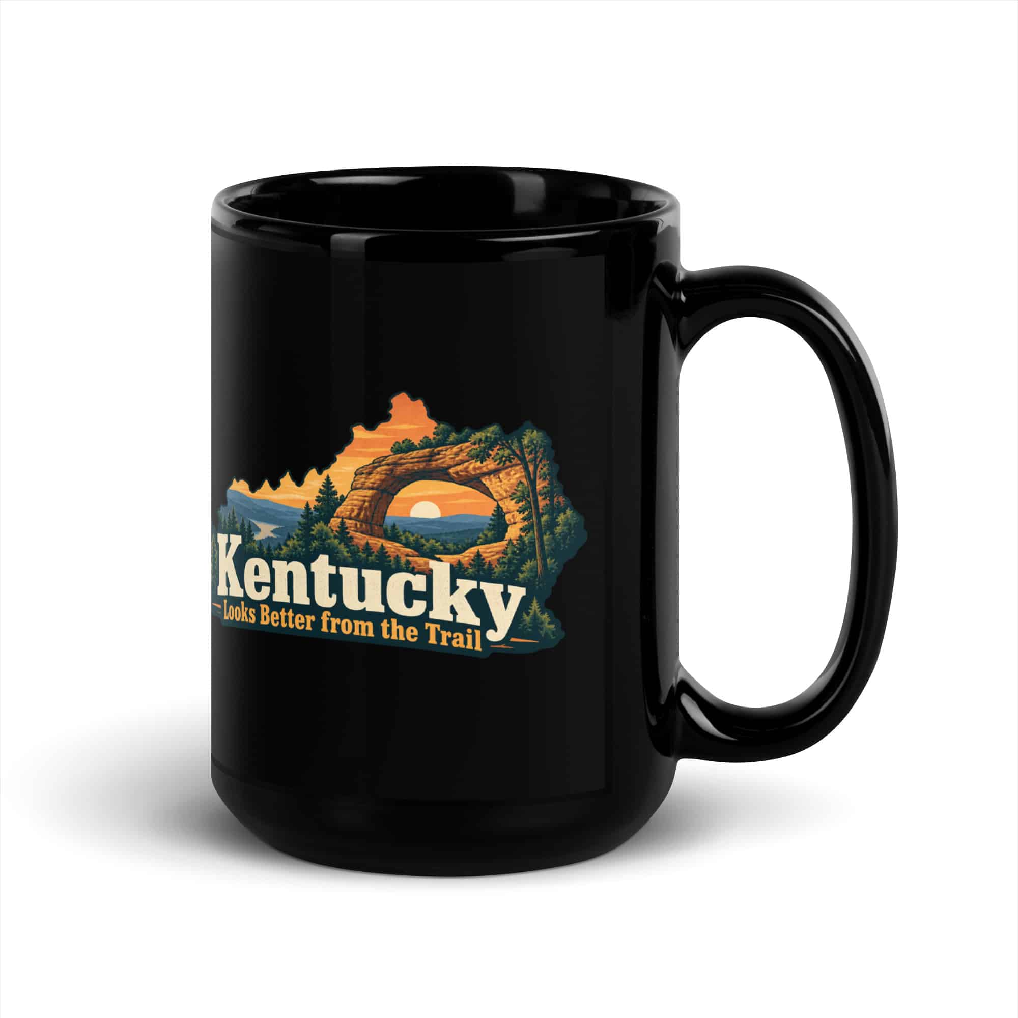 Kentucky Black Coffee Mug: Sandstone arch and forest, Colorful Kentucky Silhouette