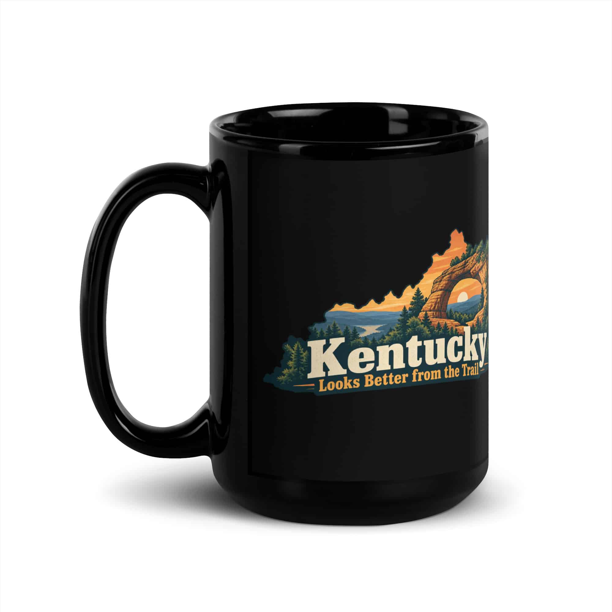 Kentucky Black Coffee Mug: Sandstone arch and forest, Colorful Kentucky Silhouette