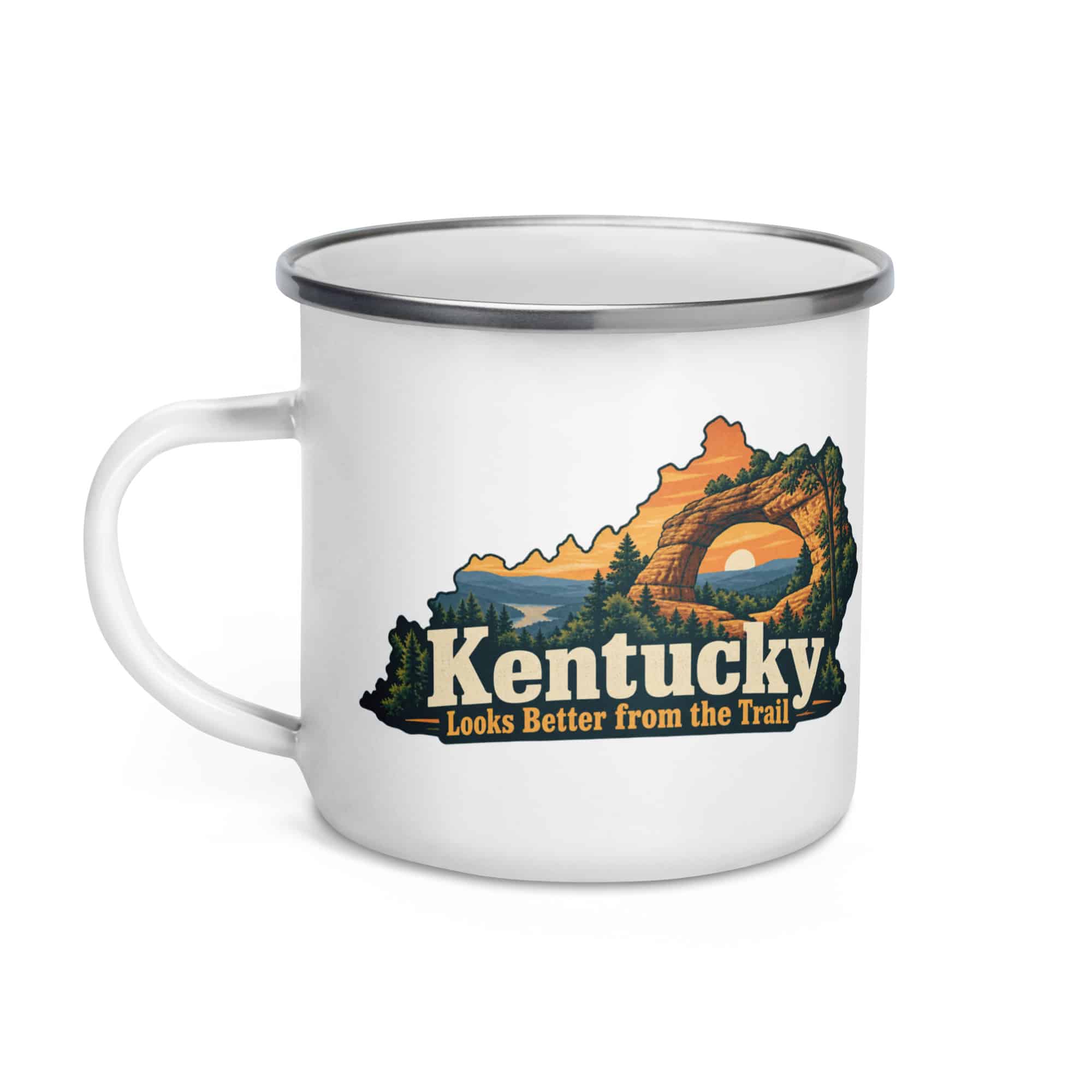 Kentucky Enamel Camp Mug: Sandstone arch and forest, Colorful Kentucky Silhouette