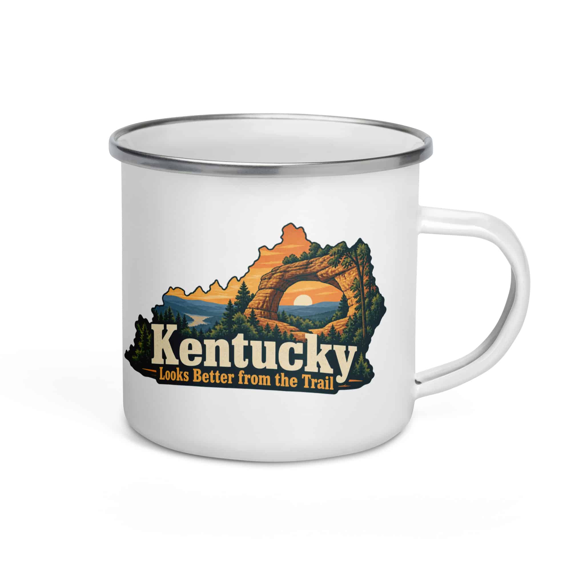 Kentucky Enamel Camp Mug: Sandstone arch and forest, Colorful Kentucky Silhouette