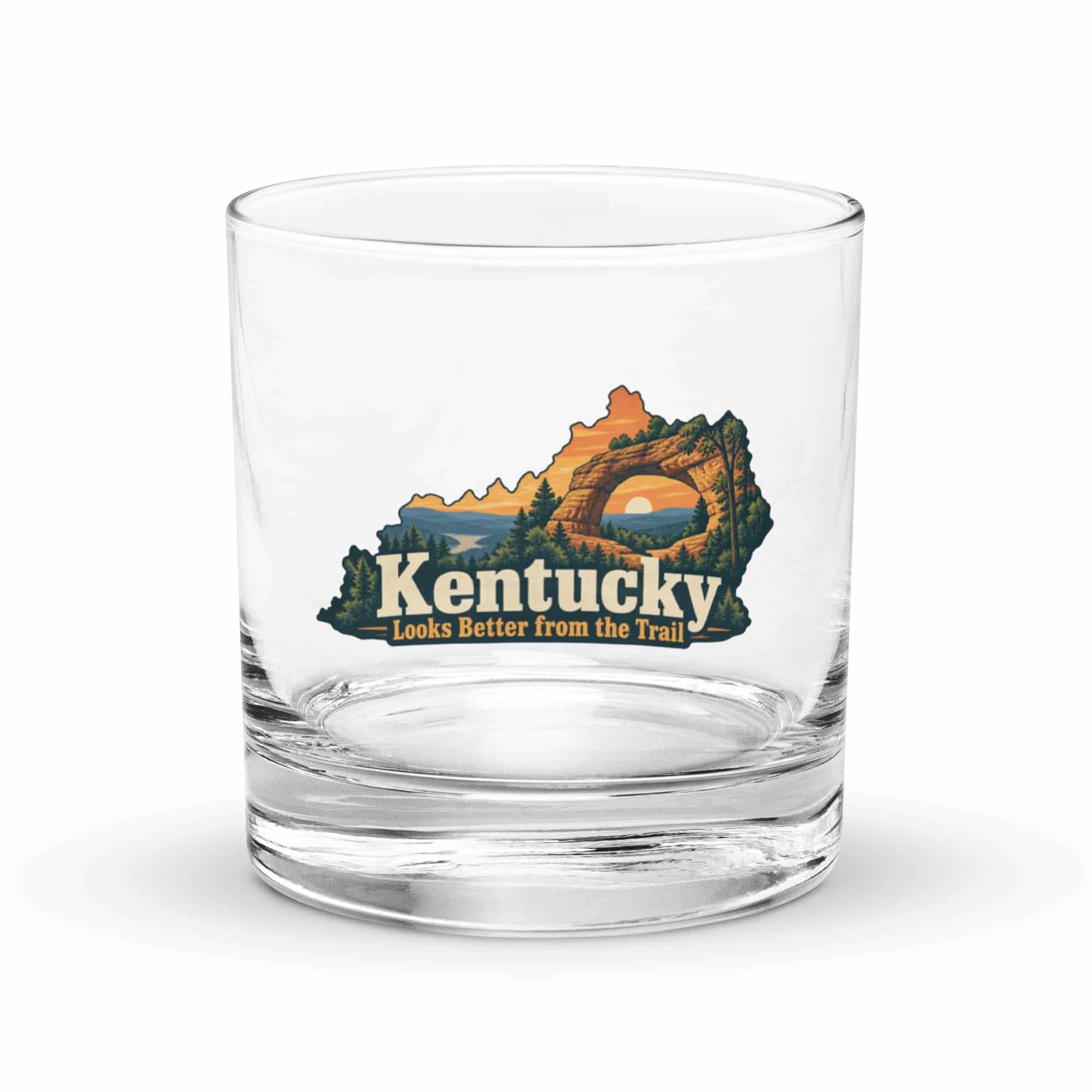 Kentucky Rocks Glass: Sandstone arch and forest, Colorful Kentucky Silhouette