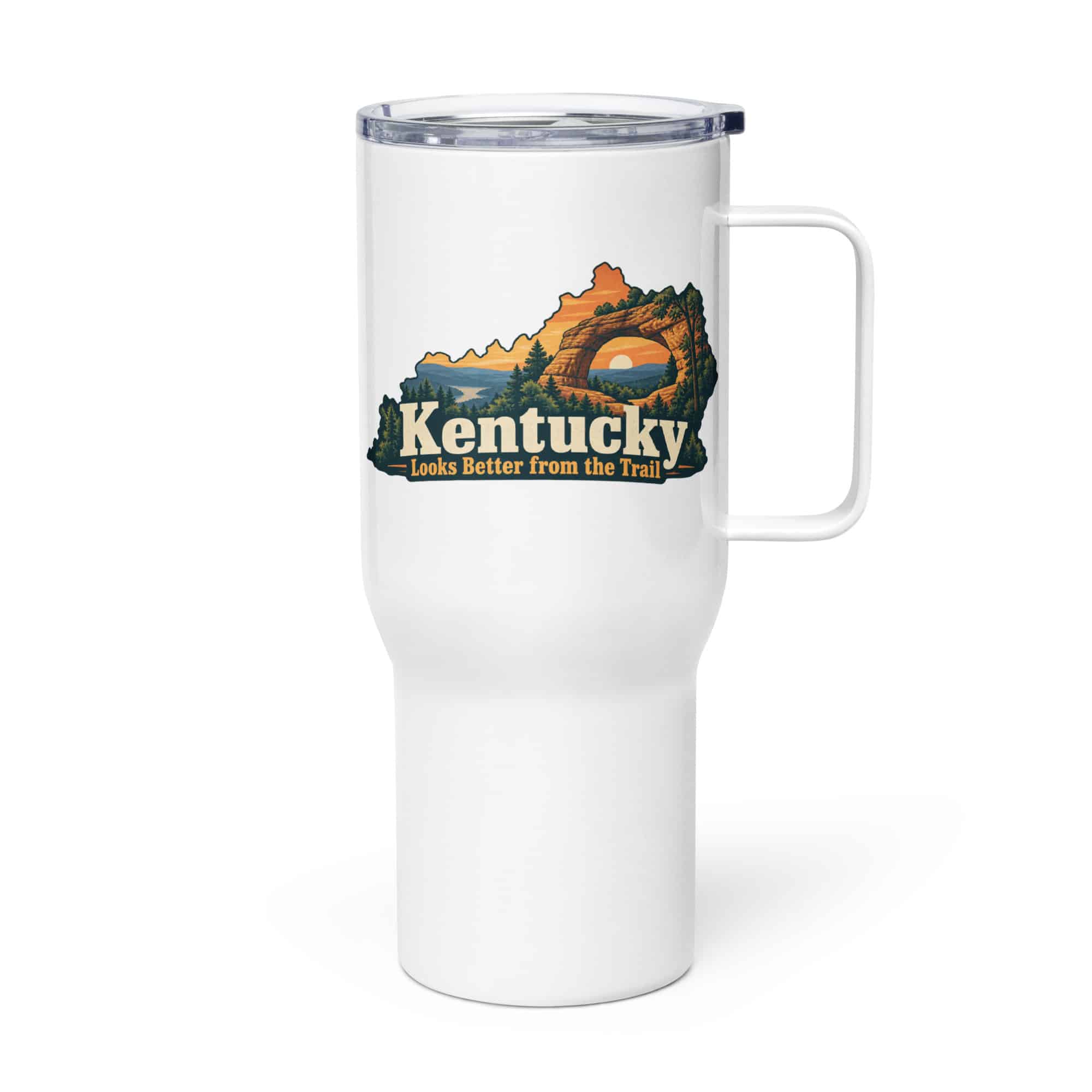 Kentucky Travel Mug: Sandstone arch and forest, Colorful Kentucky Silhouette