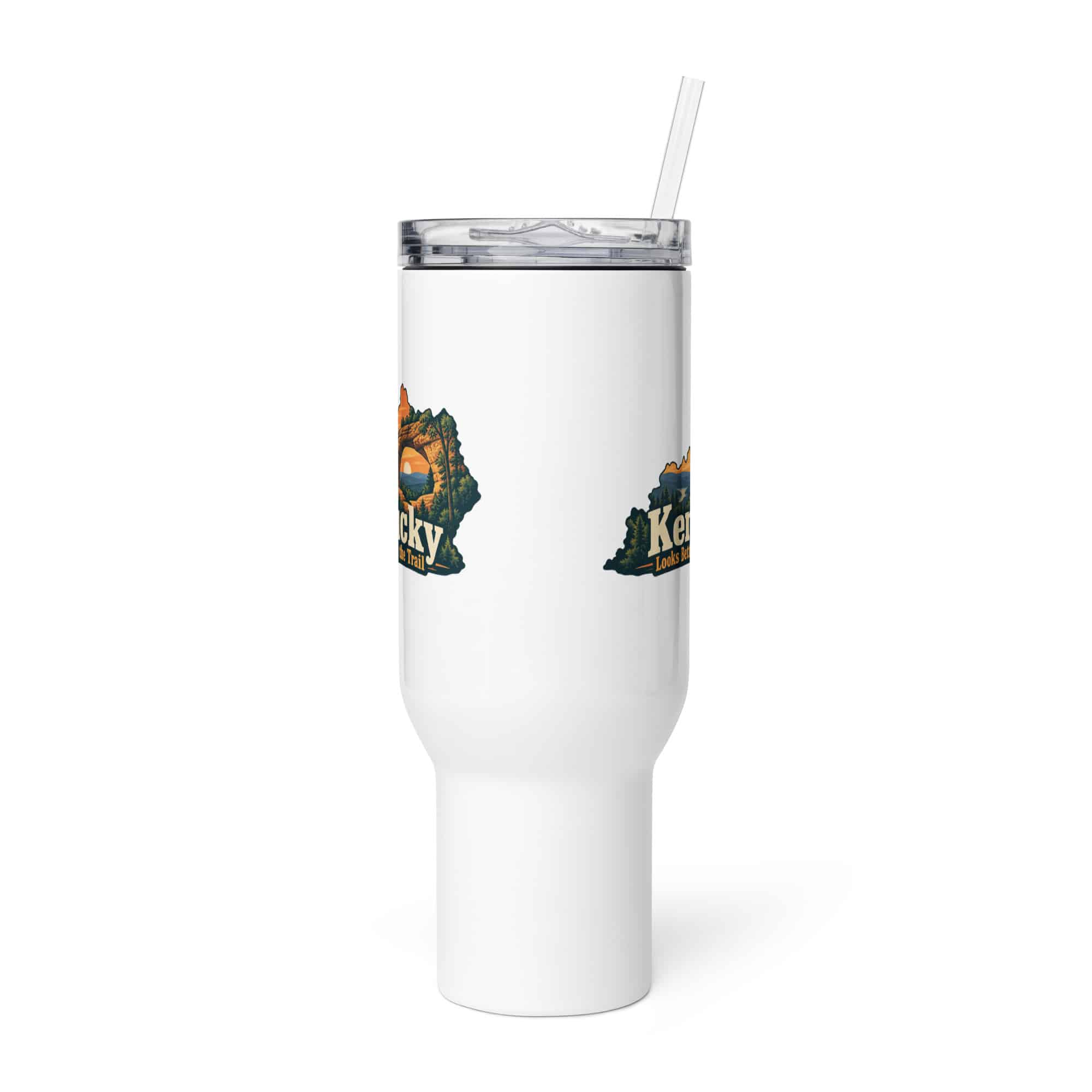 Kentucky Travel Mug: Sandstone arch and forest, Colorful Kentucky Silhouette