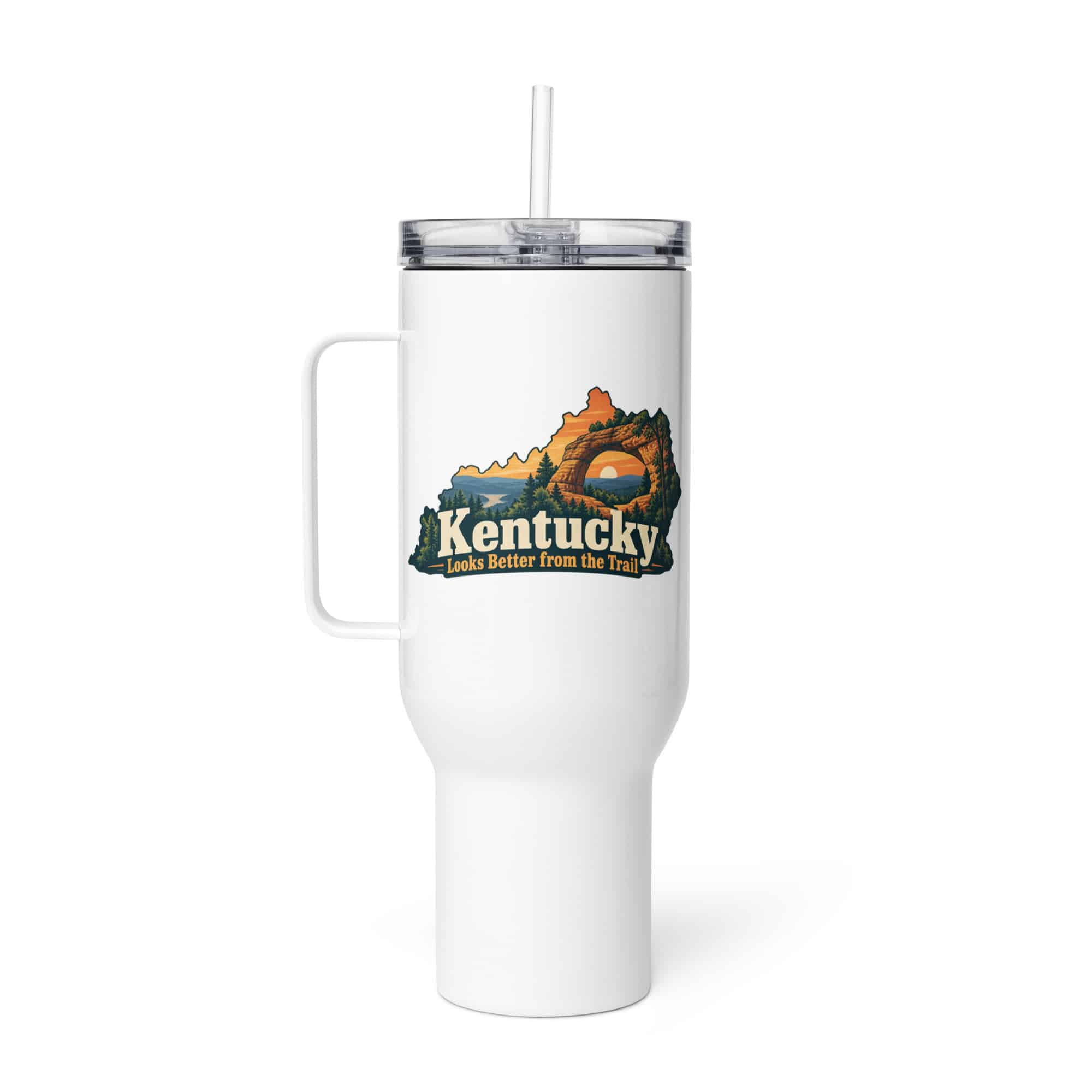 Kentucky Travel Mug: Sandstone arch and forest, Colorful Kentucky Silhouette