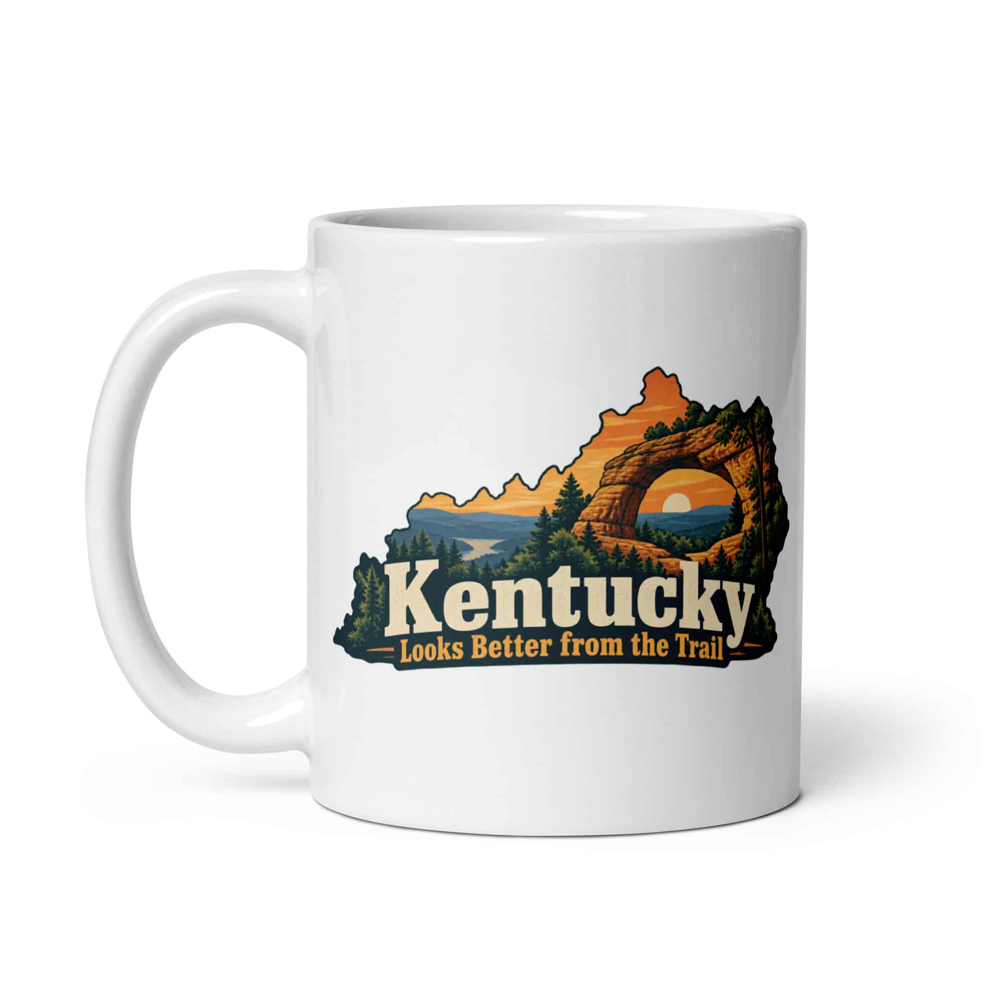 Kentucky White Ceramic Coffee Mug: Sandstone arch and forest, Colorful Kentucky Silhouette
