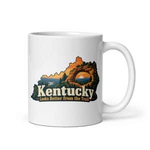 Kentucky White Ceramic Coffee Mug: Sandstone arch and forest, Colorful Kentucky Silhouette - 11 oz - Main
