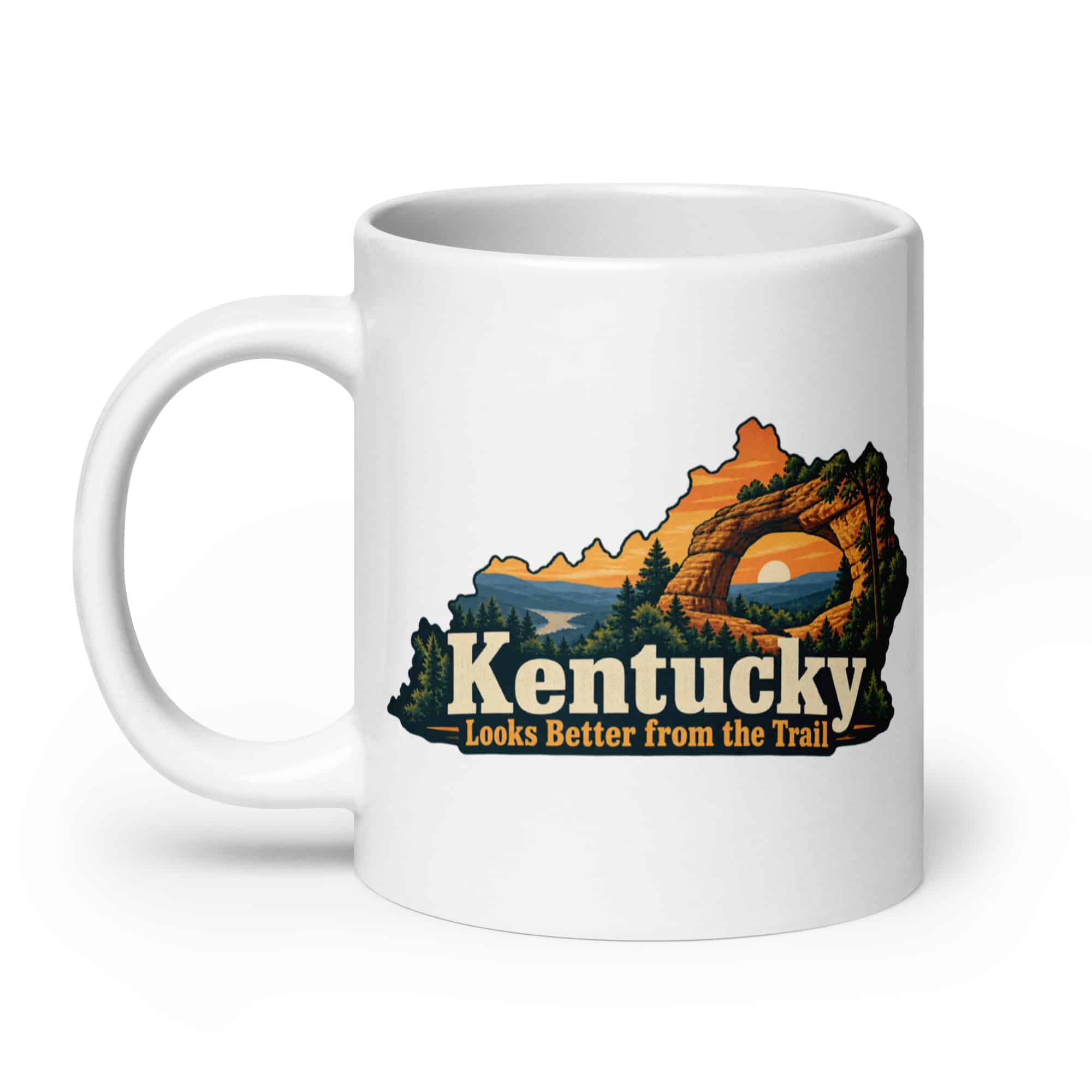 Kentucky White Ceramic Coffee Mug: Sandstone arch and forest, Colorful Kentucky Silhouette