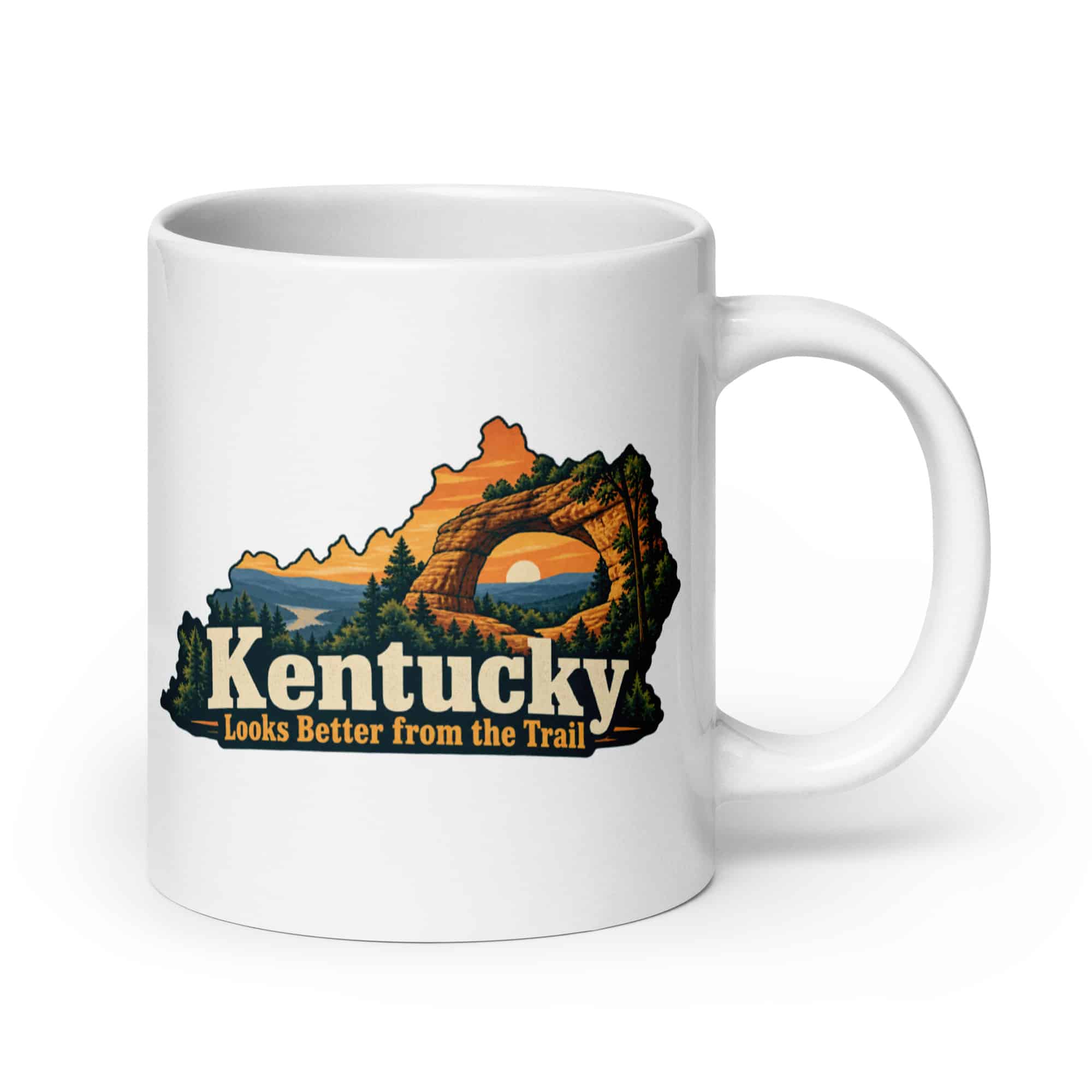 Kentucky White Ceramic Coffee Mug: Sandstone arch and forest, Colorful Kentucky Silhouette