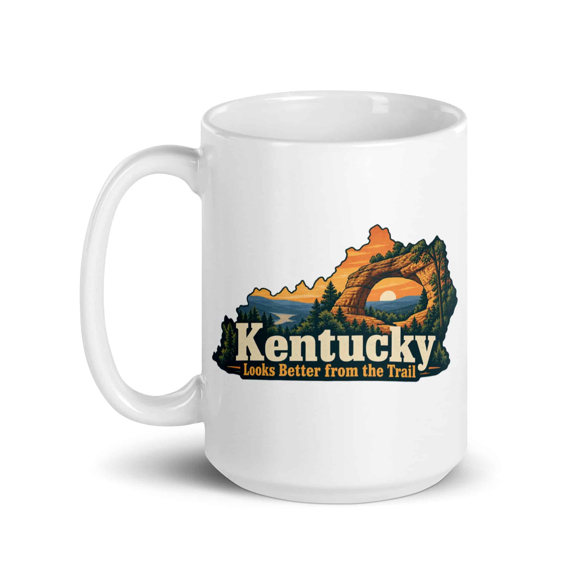 Kentucky White Ceramic Coffee Mug: Sandstone arch and forest, Colorful Kentucky Silhouette