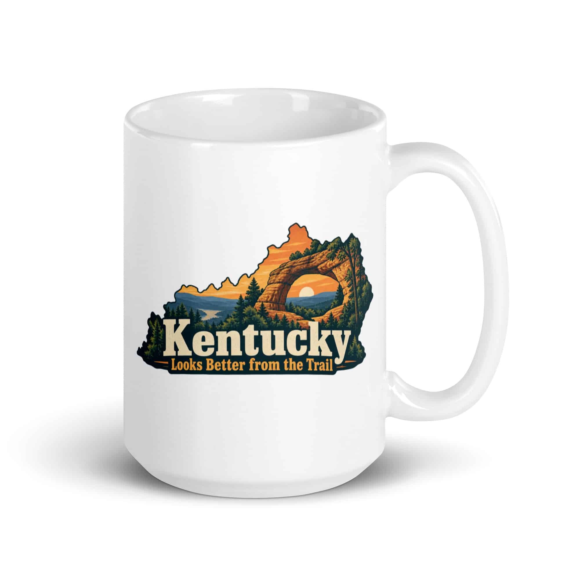 Kentucky White Ceramic Coffee Mug: Sandstone arch and forest, Colorful Kentucky Silhouette