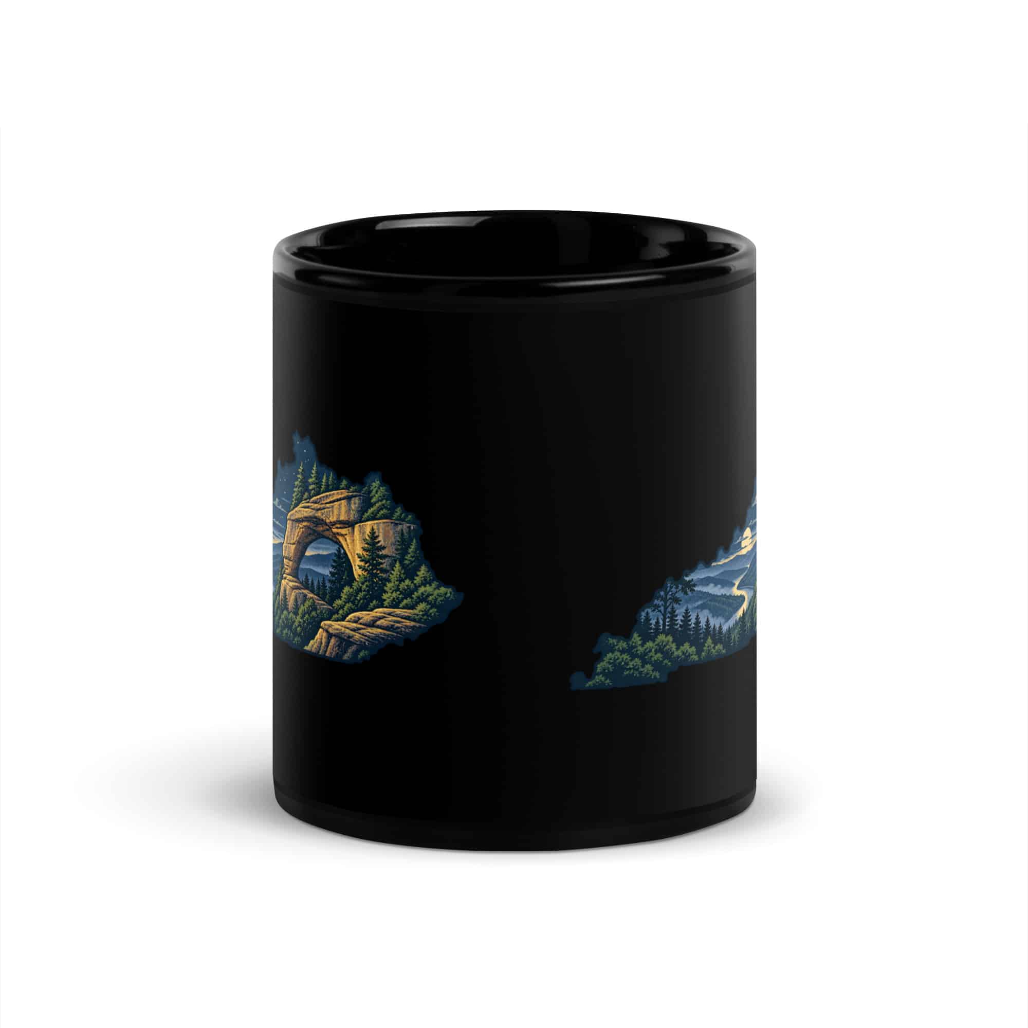 Kentucky Black Coffee Mug: Sandstone arch and forest, Illustrated Kentucky Silhouette