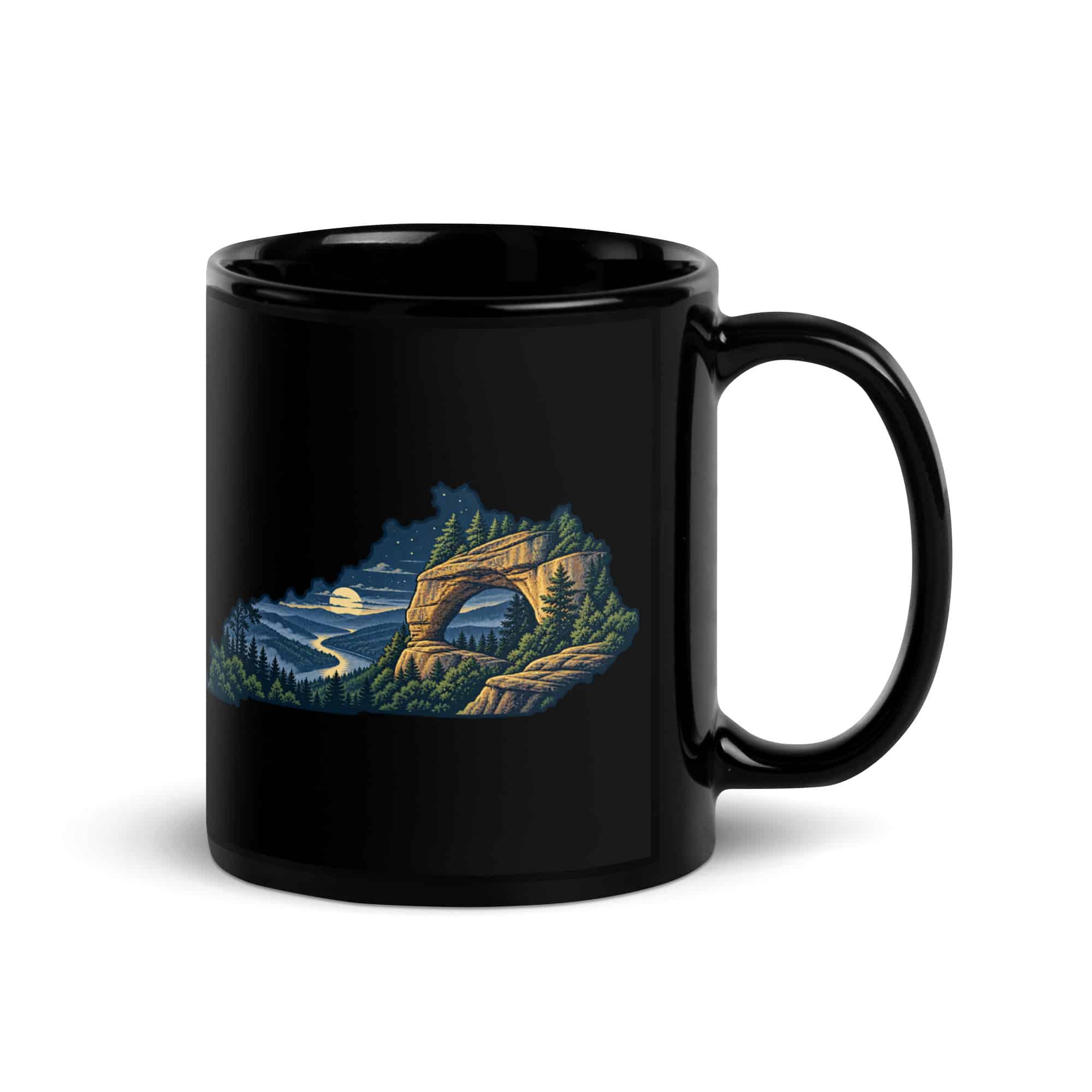 Kentucky Black Coffee Mug: Sandstone arch and forest, Illustrated Kentucky Silhouette