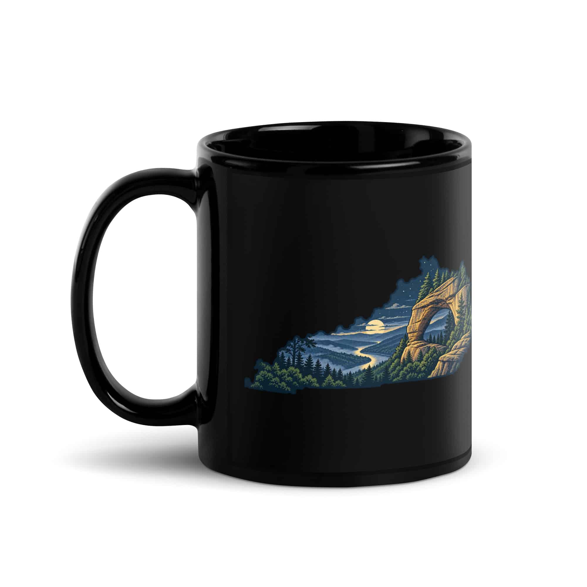 Kentucky Black Coffee Mug: Sandstone arch and forest, Illustrated Kentucky Silhouette