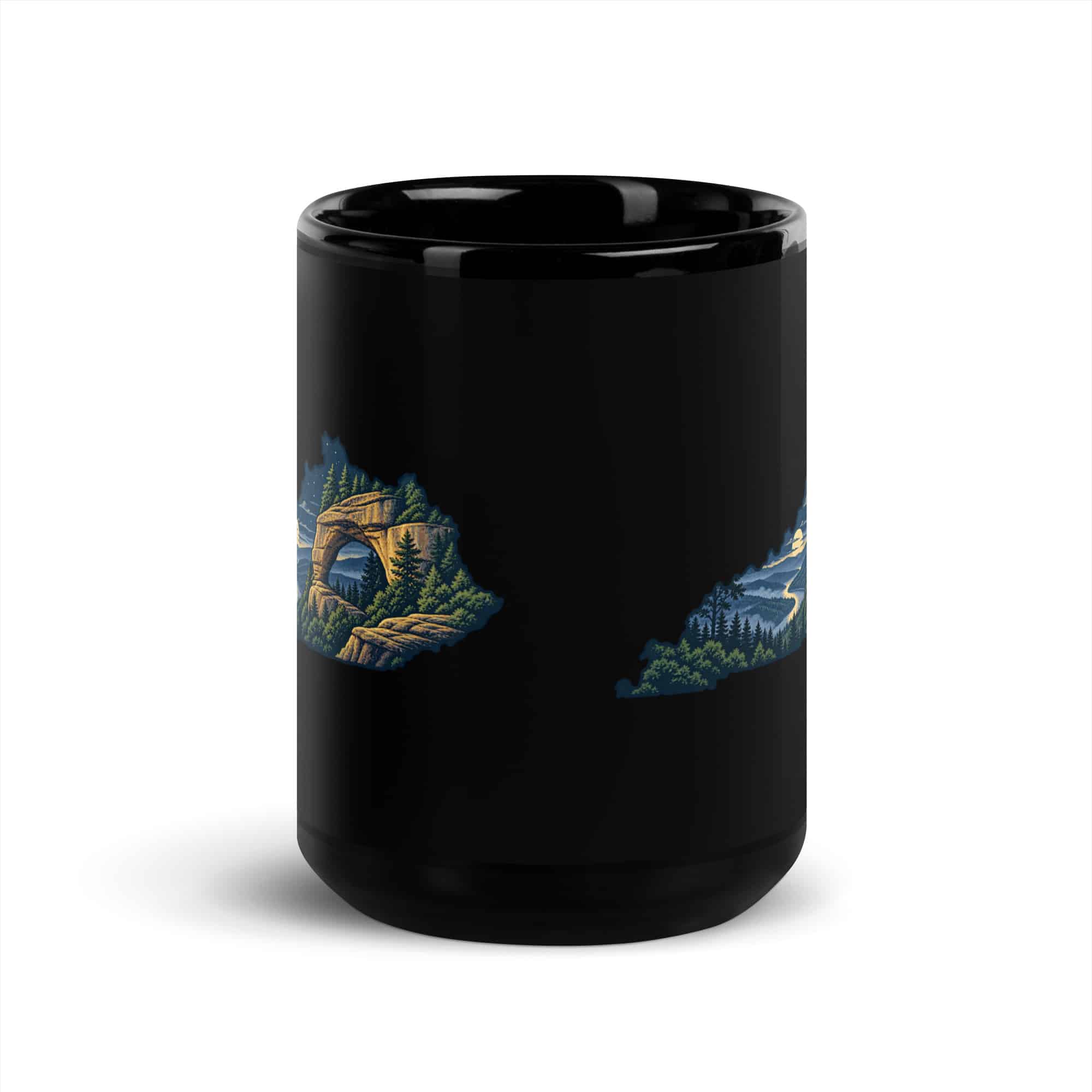 Kentucky Black Coffee Mug: Sandstone arch and forest, Illustrated Kentucky Silhouette