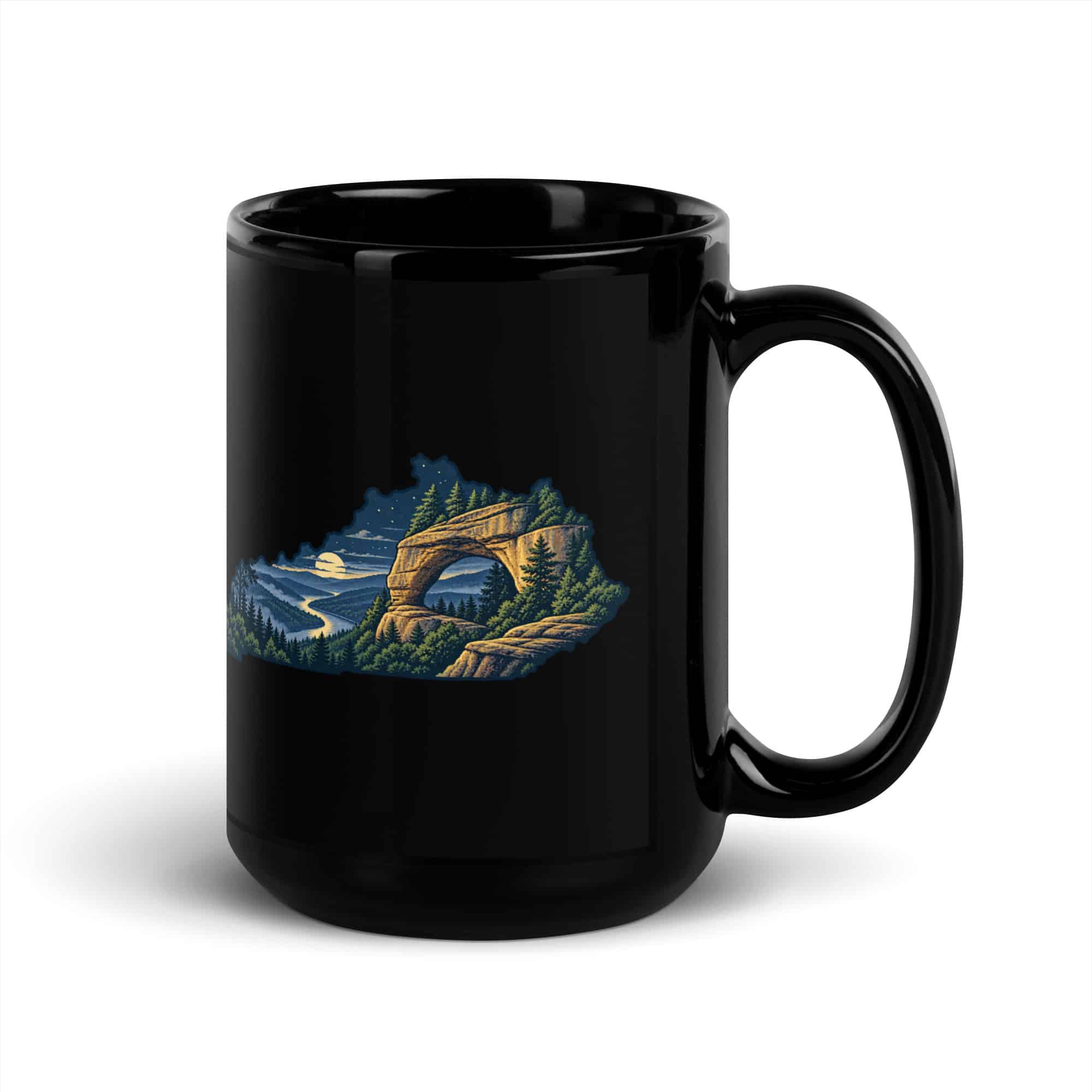 Kentucky Black Coffee Mug: Sandstone arch and forest, Illustrated Kentucky Silhouette