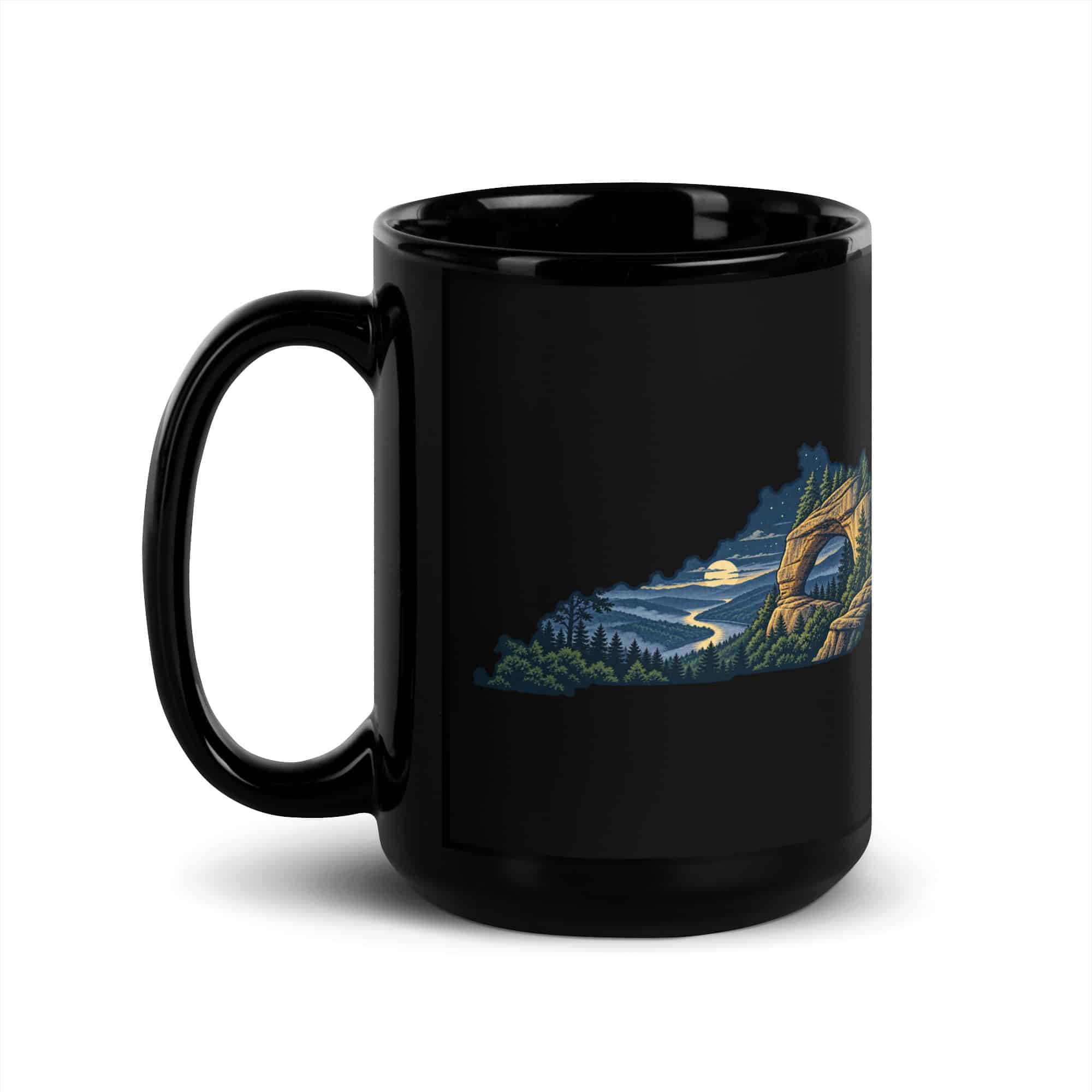 Kentucky Black Coffee Mug: Sandstone arch and forest, Illustrated Kentucky Silhouette