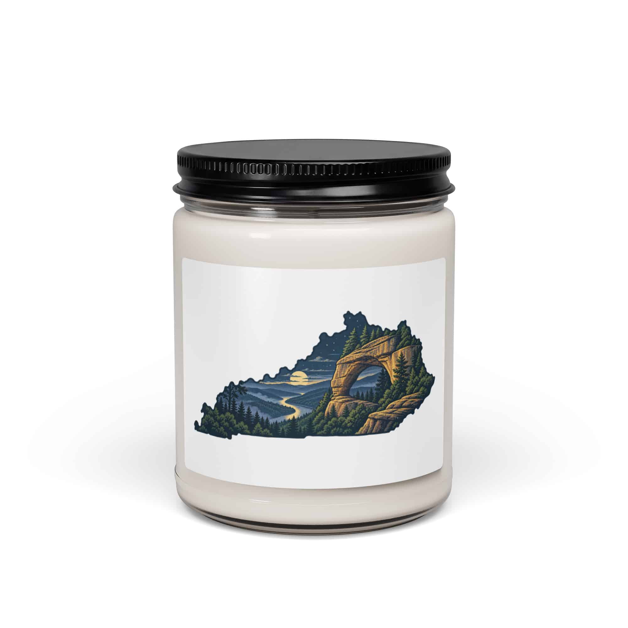 Kentucky Soy Wax Candle: Sandstone arch and forest, Illustrated Kentucky Silhouette