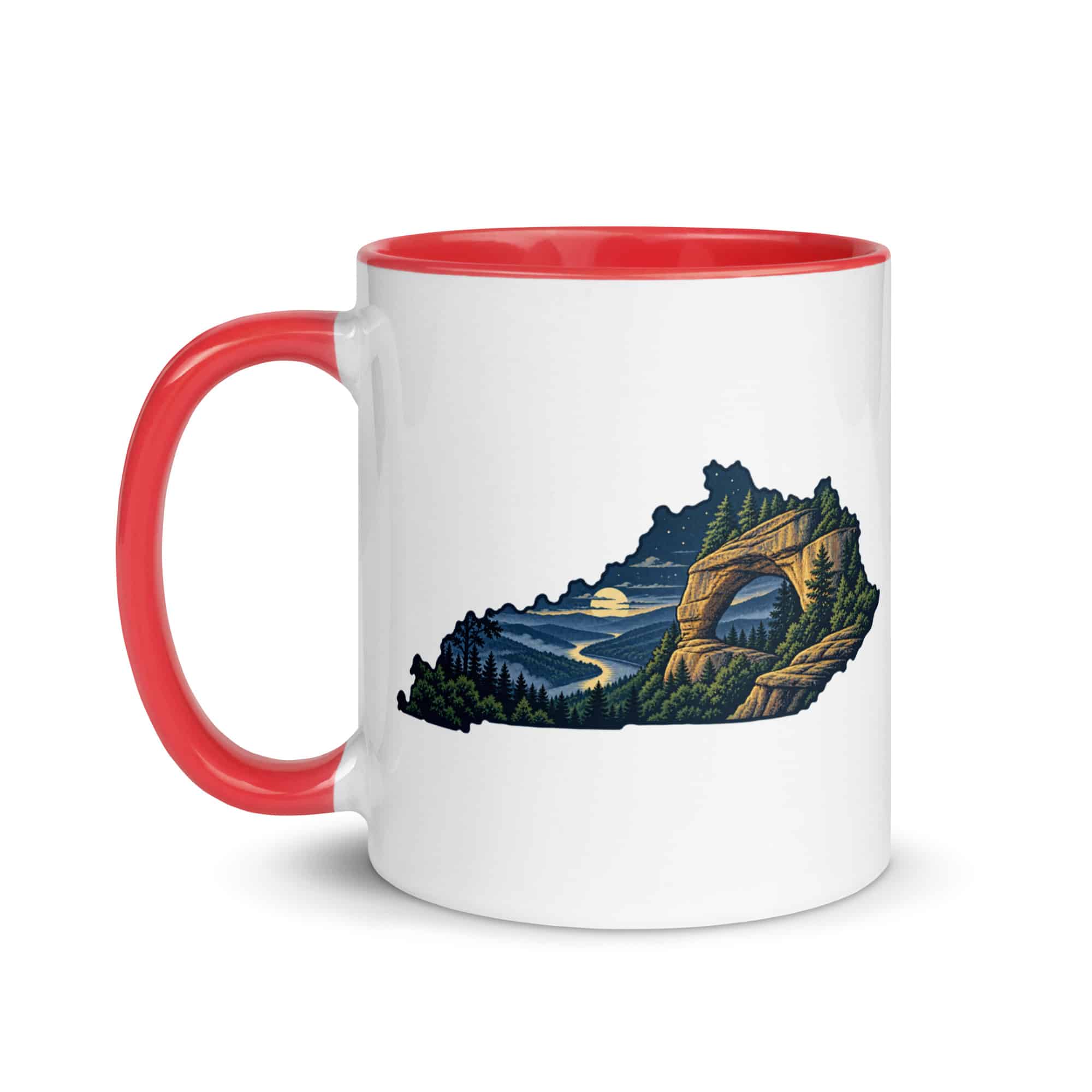 Kentucky Color Inside Coffee Mug: Sandstone arch and forest, Illustrated Kentucky Silhouette