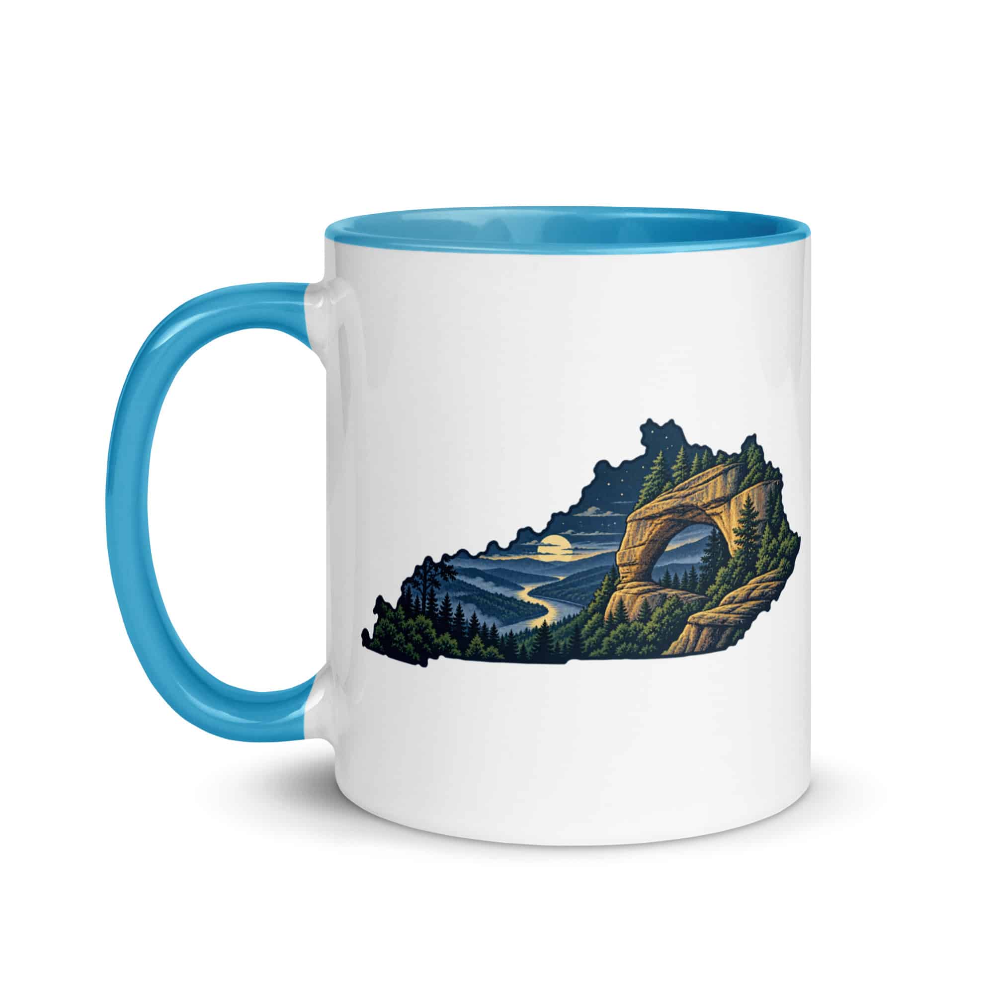 Kentucky Color Inside Coffee Mug: Sandstone arch and forest, Illustrated Kentucky Silhouette