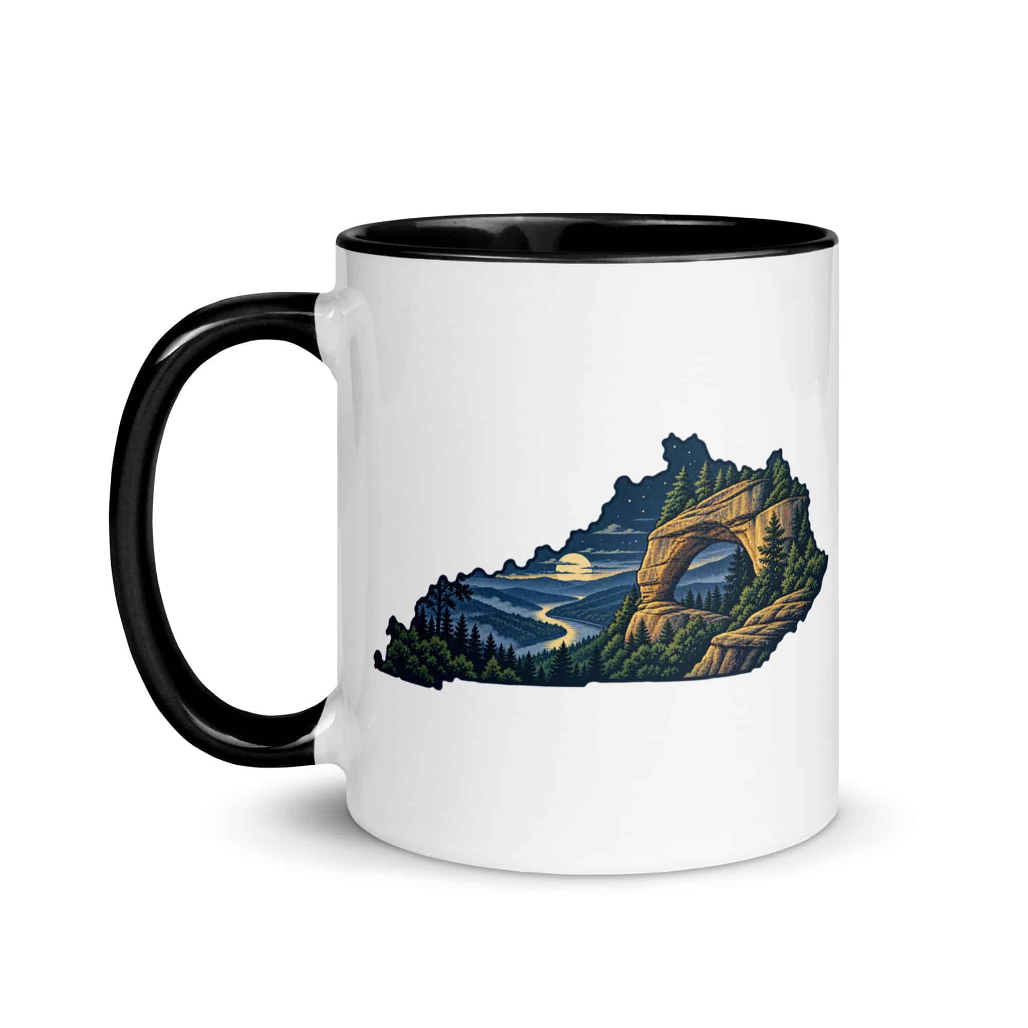 Kentucky Color Inside Coffee Mug: Sandstone arch and forest, Illustrated Kentucky Silhouette