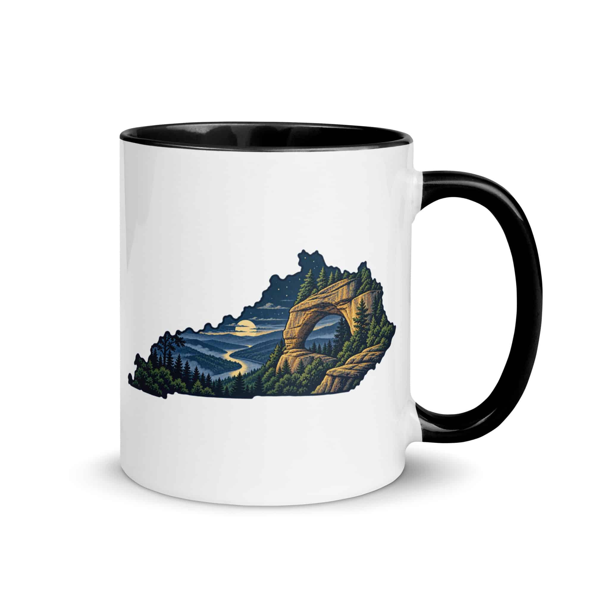 Kentucky Color Inside Coffee Mug: Sandstone arch and forest, Illustrated Kentucky Silhouette