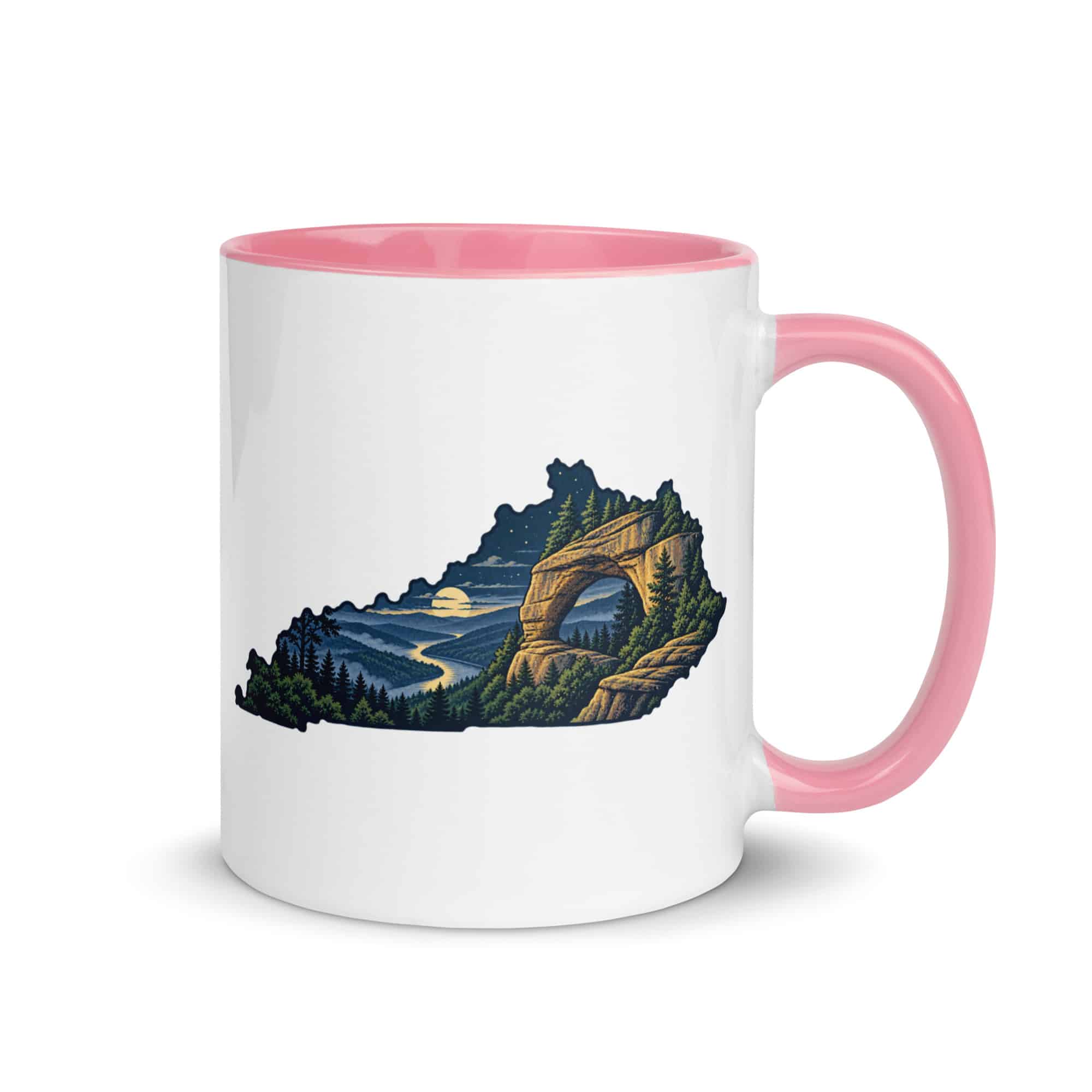 Kentucky Color Inside Coffee Mug: Sandstone arch and forest, Illustrated Kentucky Silhouette