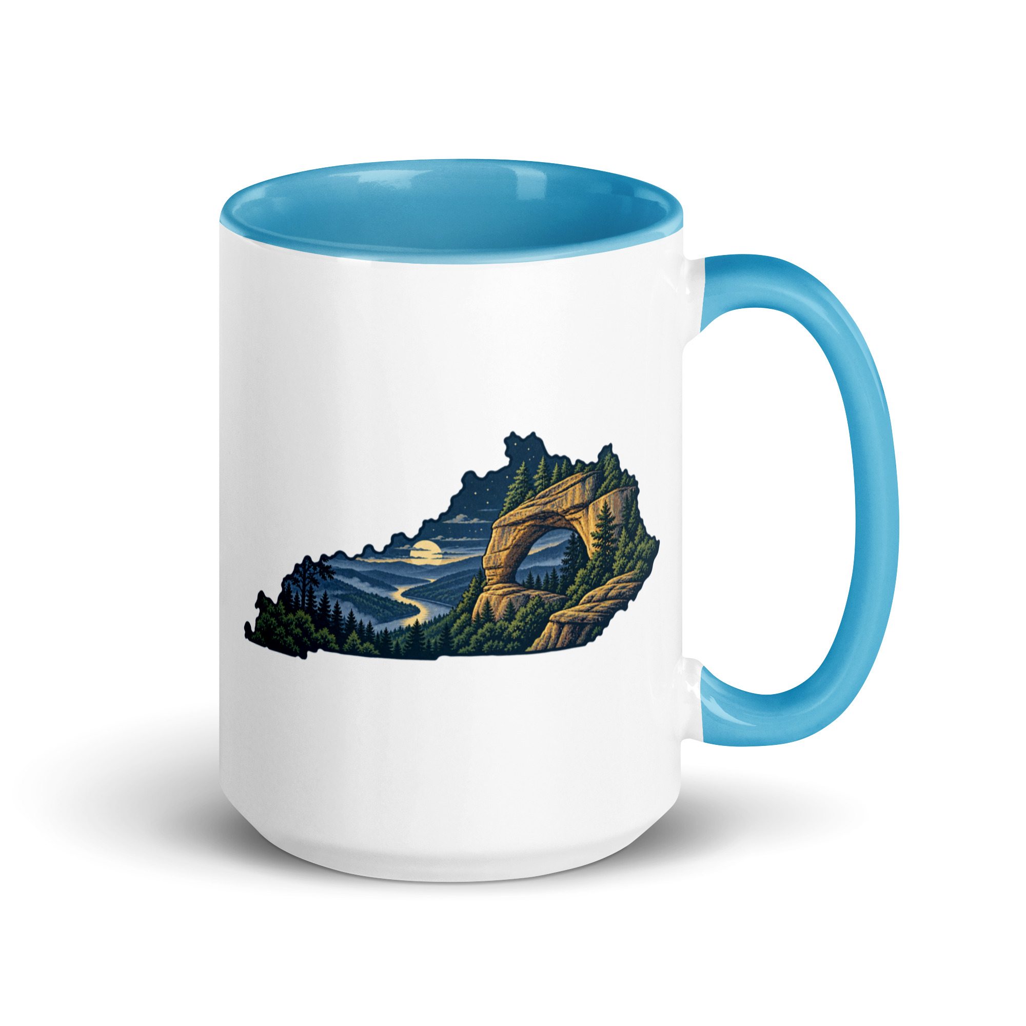Kentucky Color Inside Coffee Mug: Sandstone arch and forest, Illustrated Kentucky Silhouette