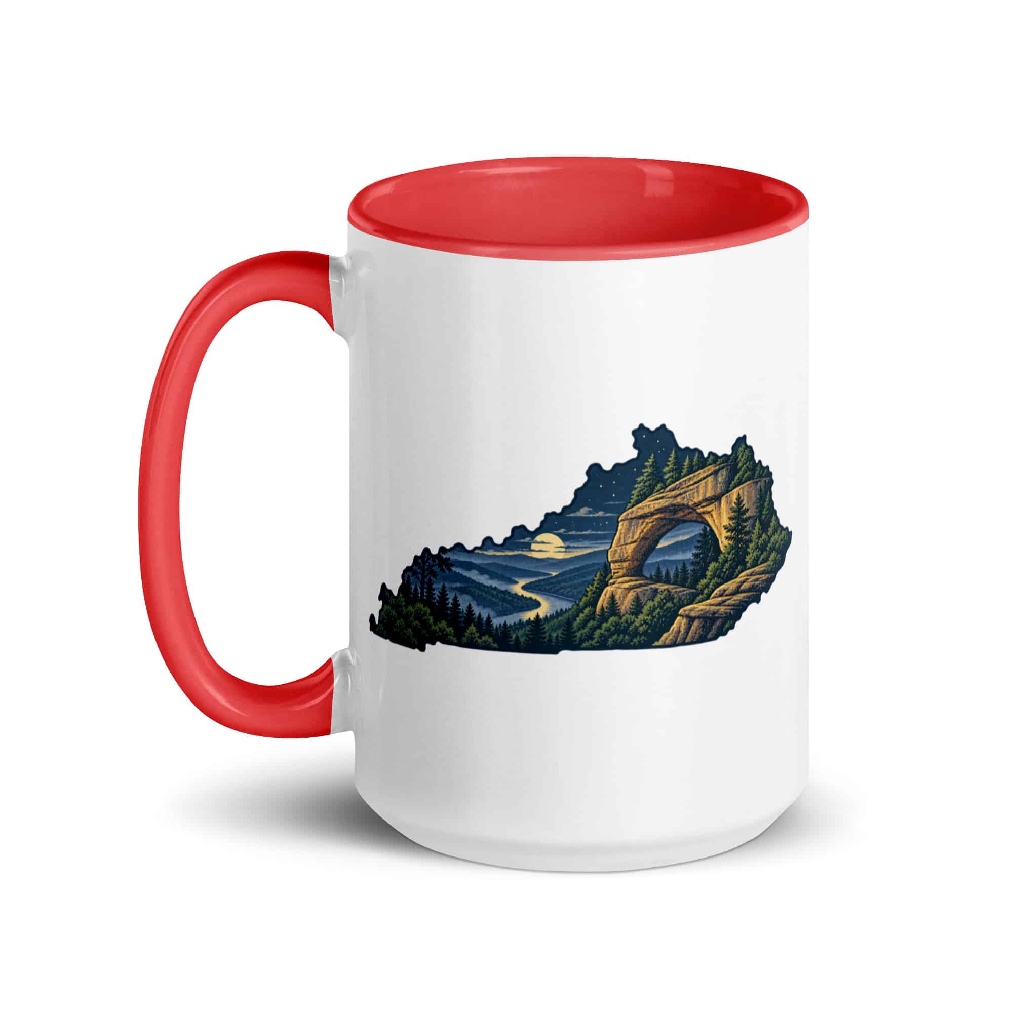 Kentucky Color Inside Coffee Mug: Sandstone arch and forest, Illustrated Kentucky Silhouette