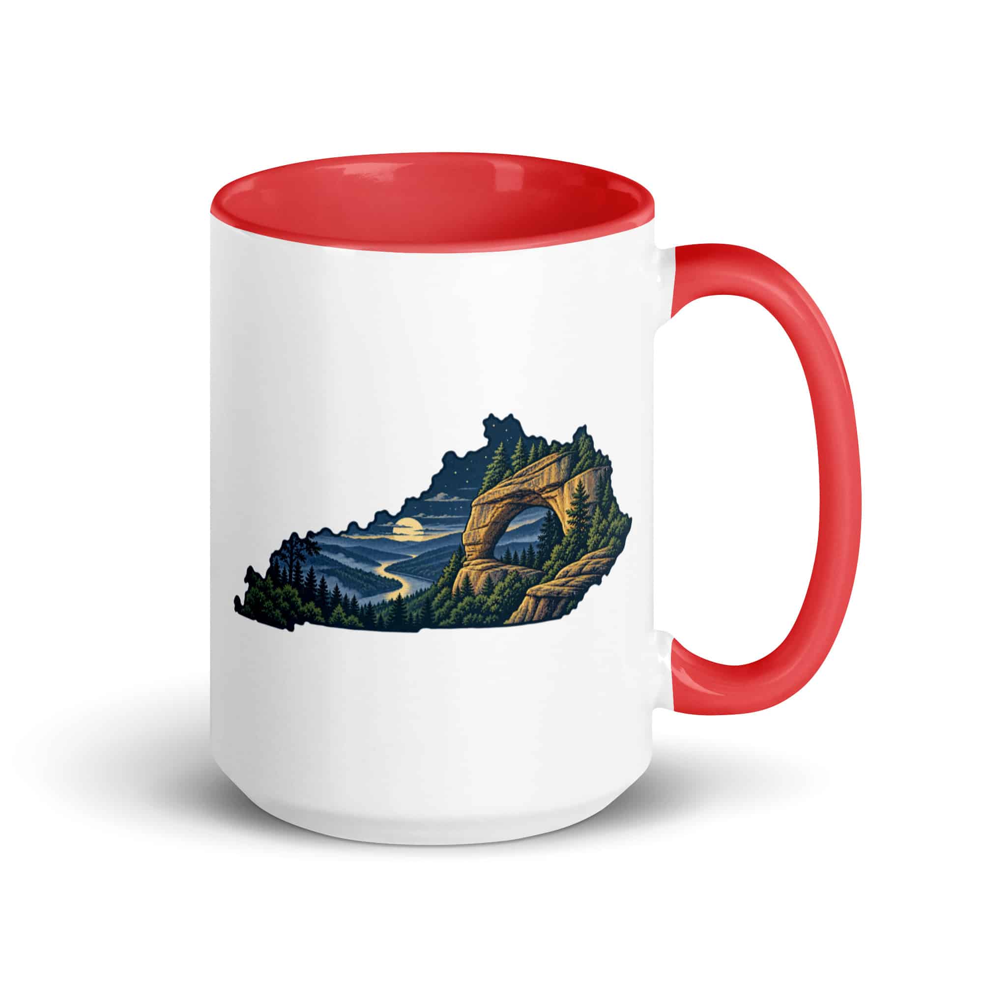 Kentucky Color Inside Coffee Mug: Sandstone arch and forest, Illustrated Kentucky Silhouette