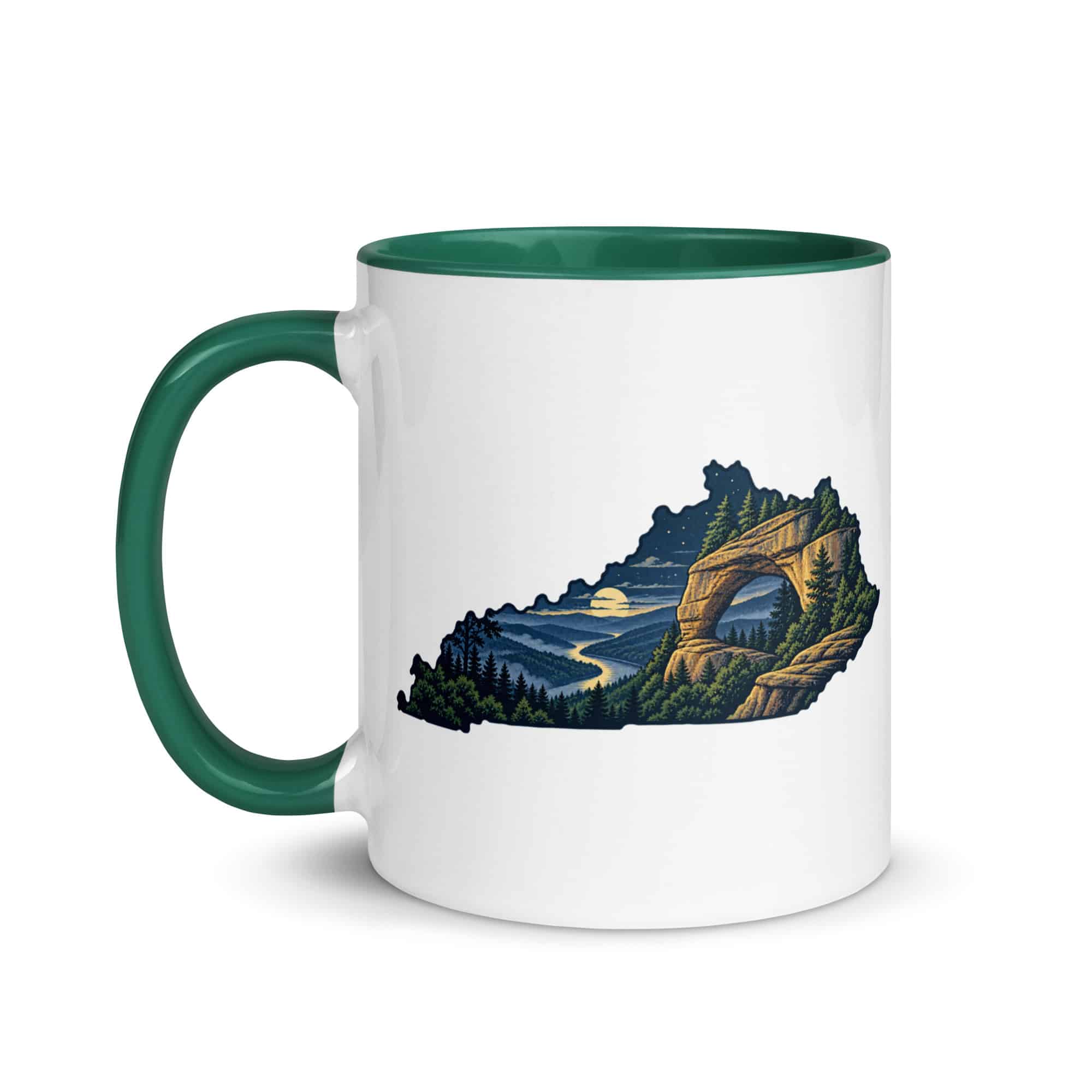 Kentucky Color Inside Coffee Mug: Sandstone arch and forest, Illustrated Kentucky Silhouette