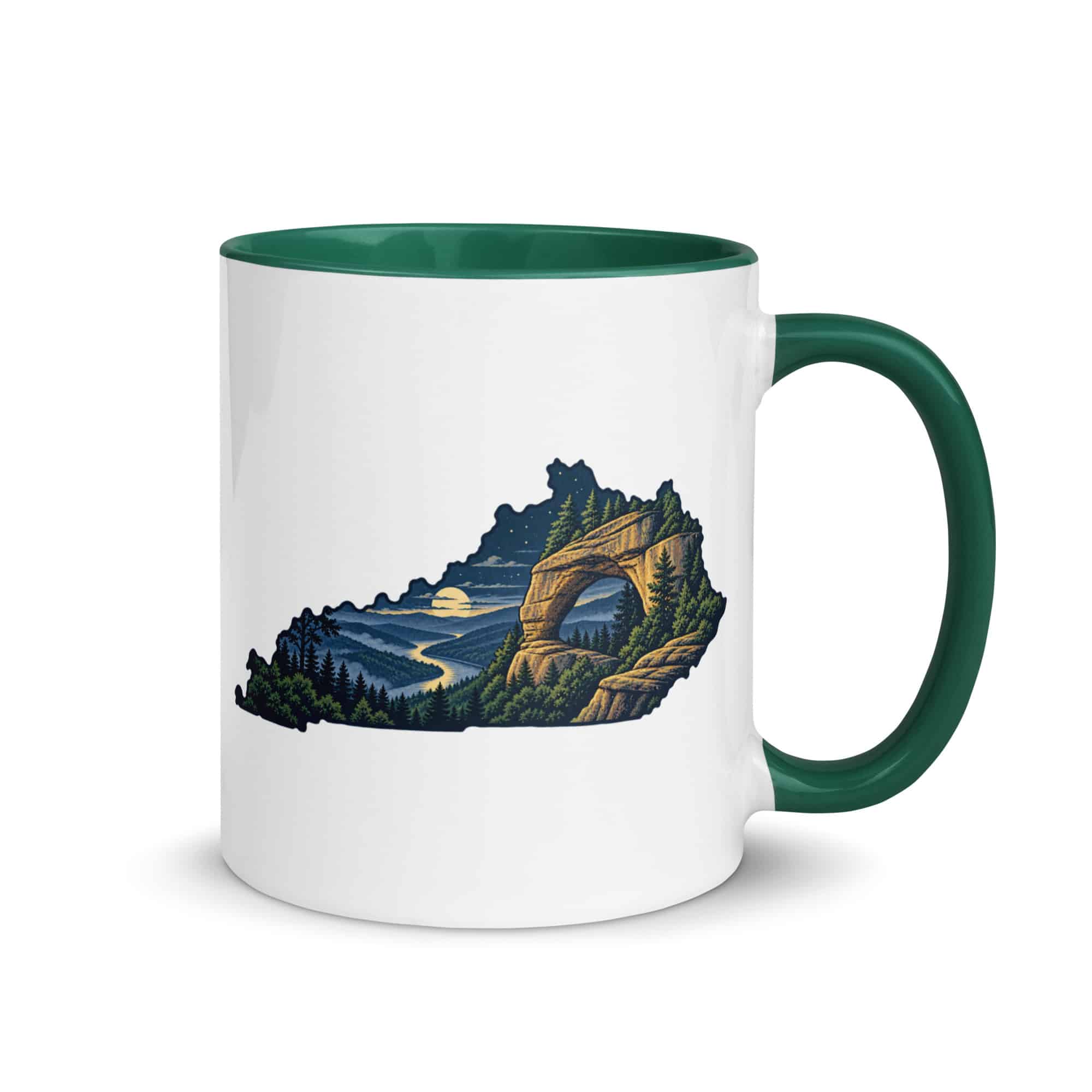 Kentucky Color Inside Coffee Mug: Sandstone arch and forest, Illustrated Kentucky Silhouette