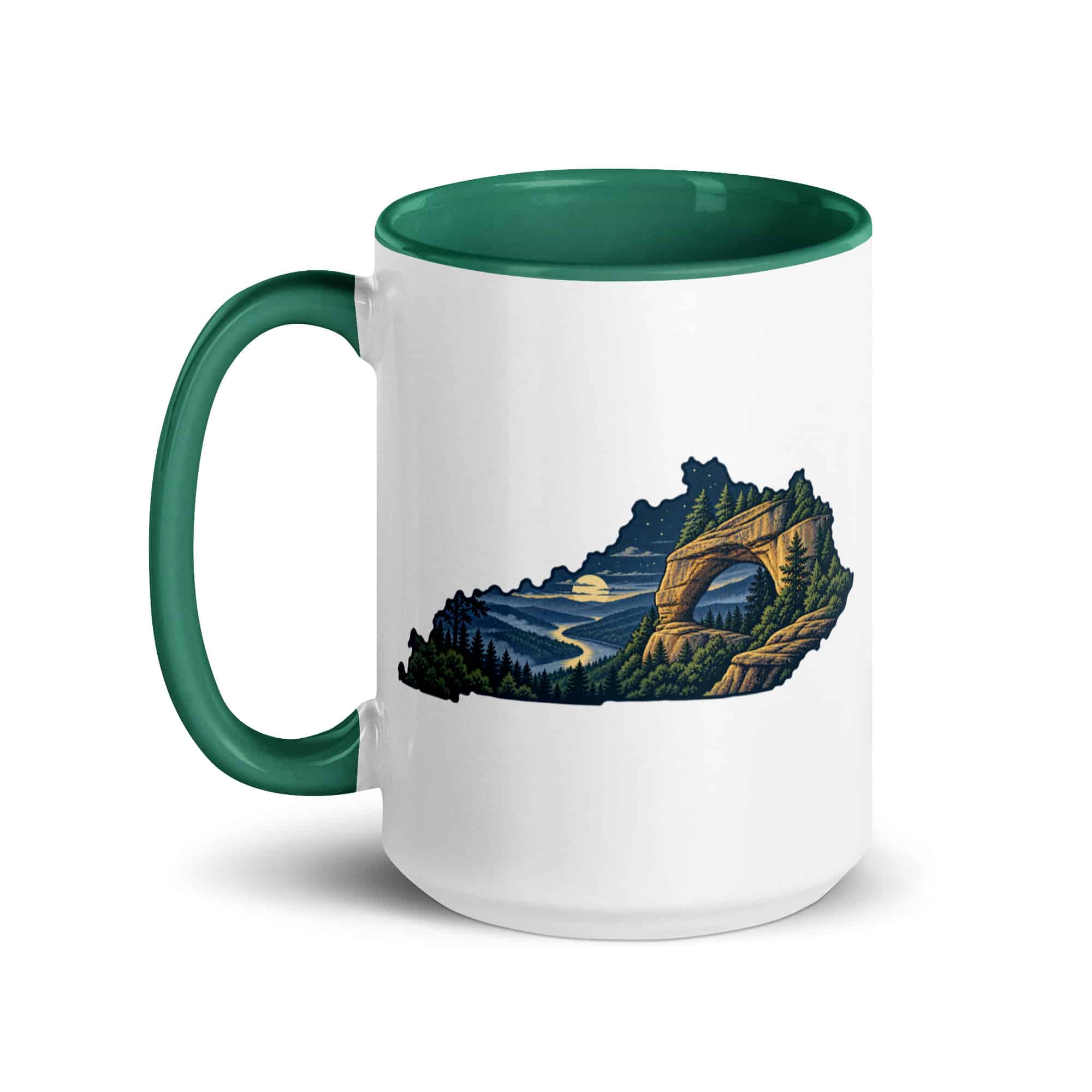Kentucky Color Inside Coffee Mug: Sandstone arch and forest, Illustrated Kentucky Silhouette