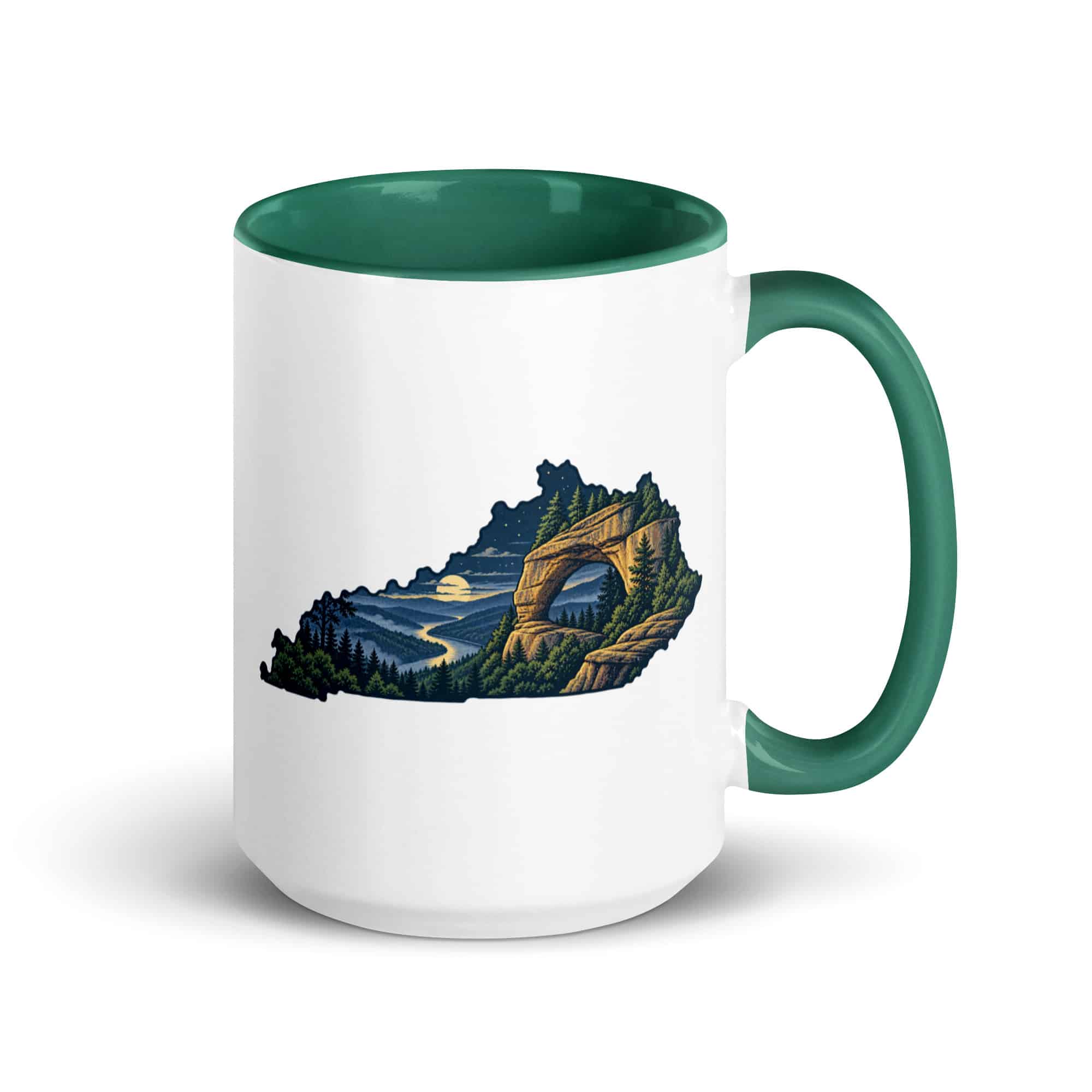Kentucky Color Inside Coffee Mug: Sandstone arch and forest, Illustrated Kentucky Silhouette