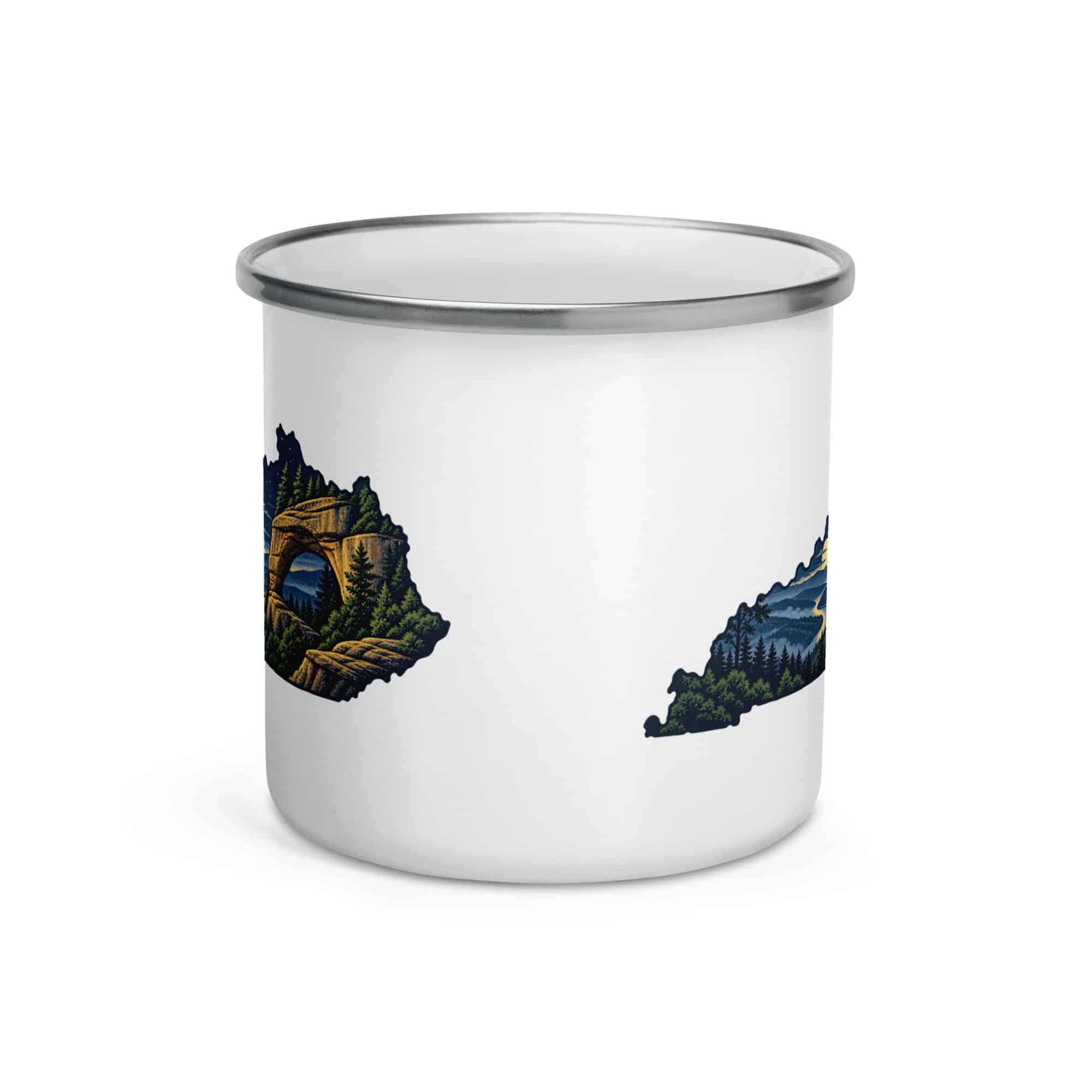 Kentucky Enamel Camp Mug: Sandstone arch and forest, Illustrated Kentucky Silhouette