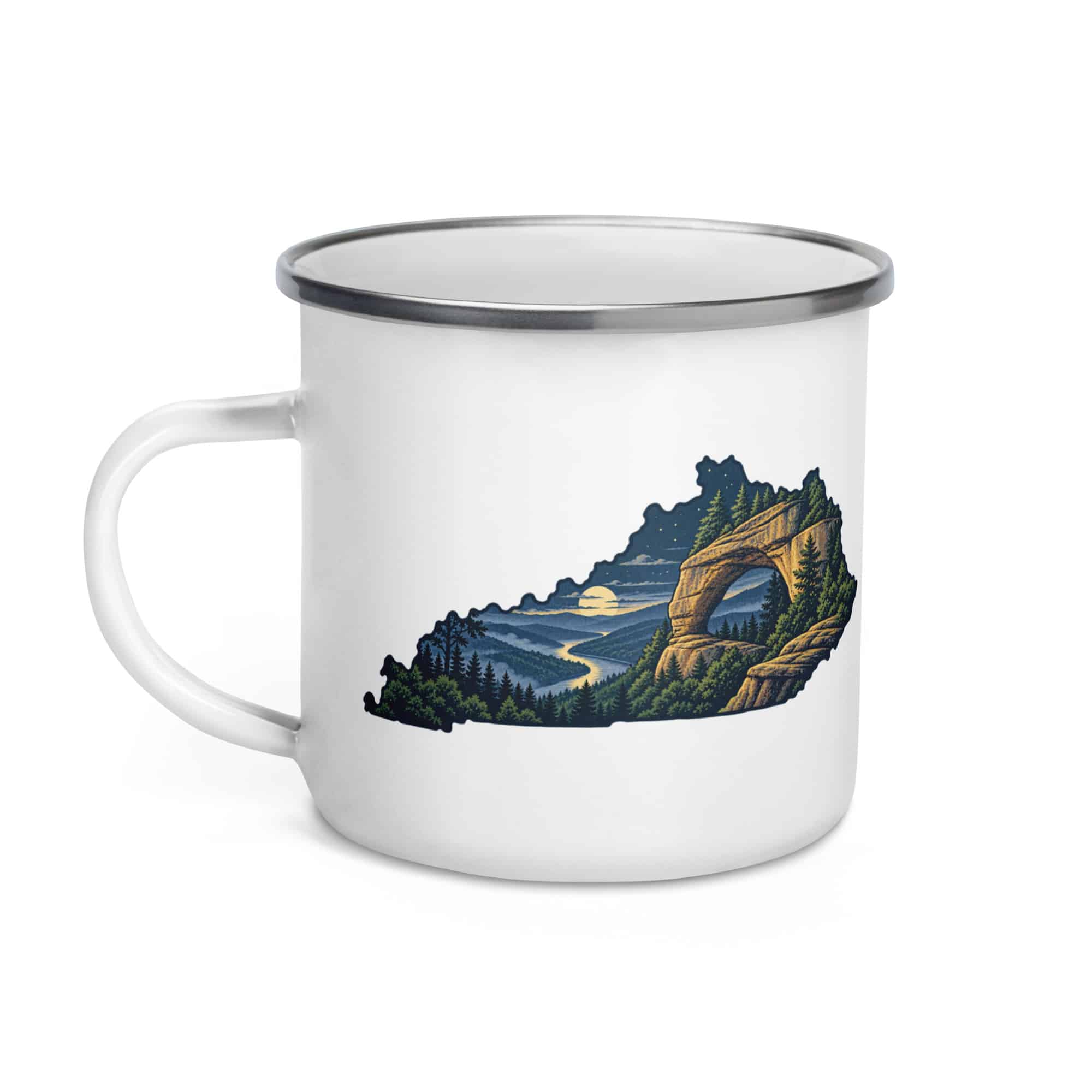 Kentucky Enamel Camp Mug: Sandstone arch and forest, Illustrated Kentucky Silhouette